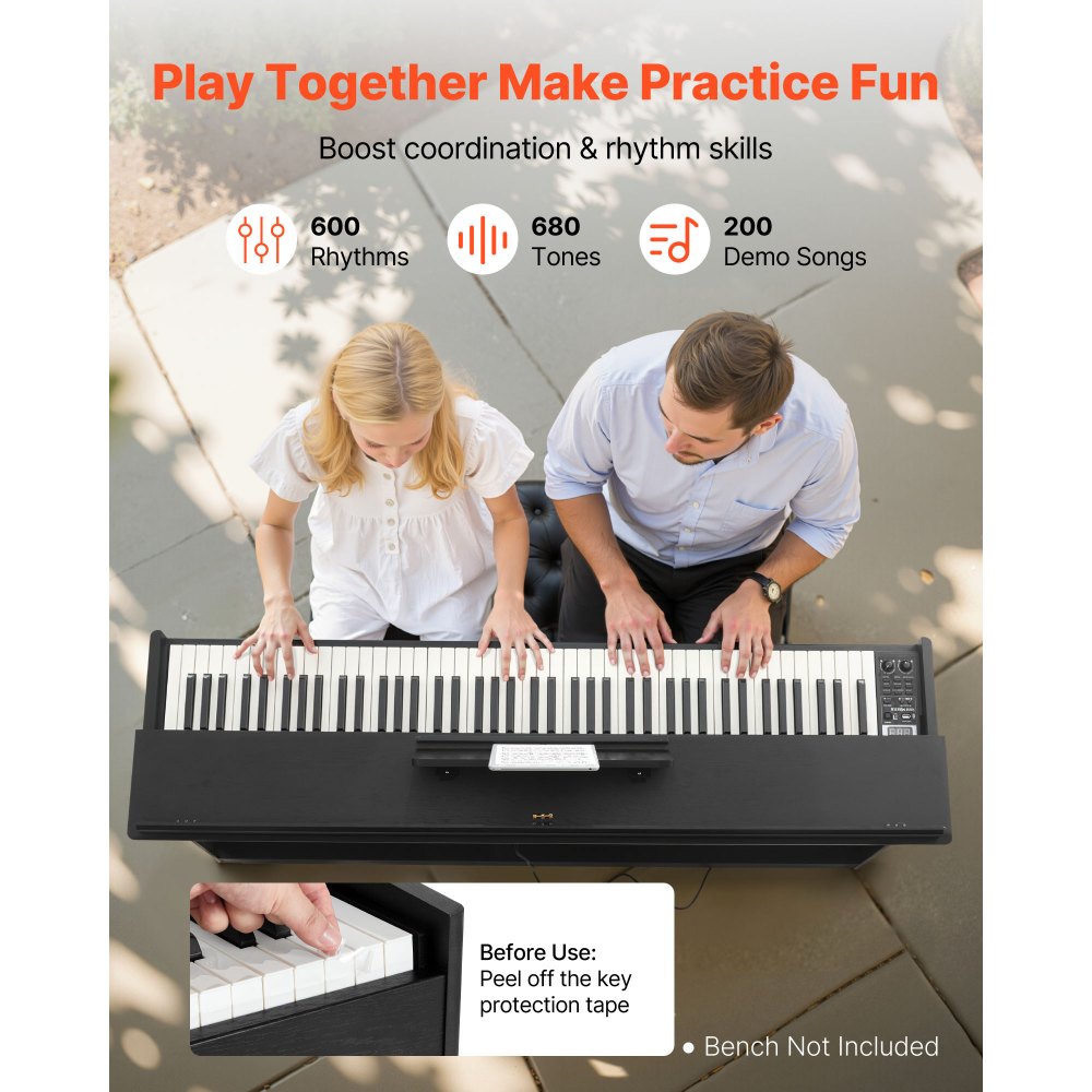 VEVOR Piano Digital 88 Teclas, Modo de Teclado Dual, Altavoces, con Atril, Soporte, Auriculares, Pedal de Sustain, 680 Tonos, Conexión Inalámbrica, para Principiantes, Negro, 1370 x 310 x 740 mm
