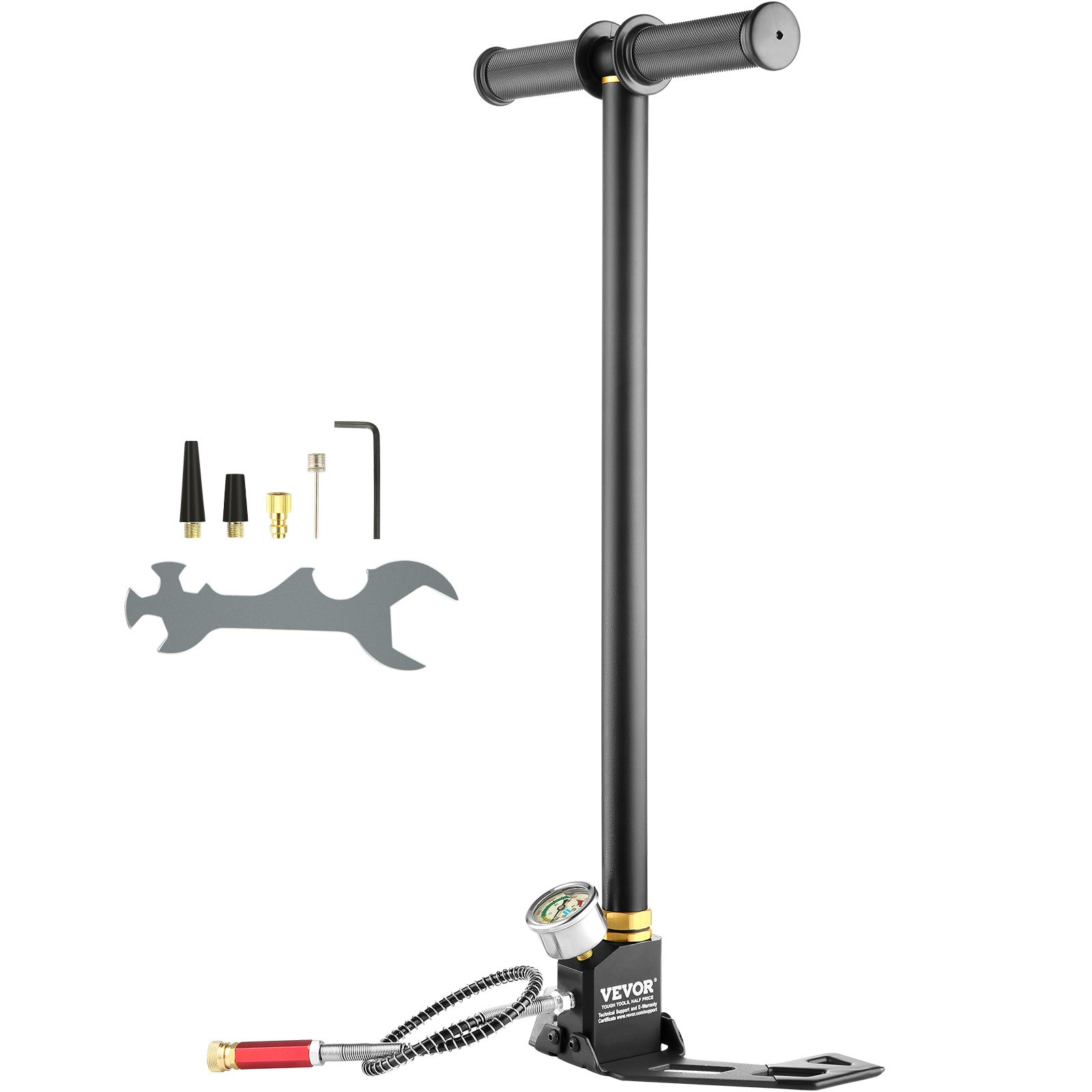 VEVOR Bomba de Aire 4.500 PSI, Inflador de Aire de Bomba con Manómetro de Alta Presión, Inflador de Bomba de Mano de Tres Etapas, Bomba de Aire de Acero Inoxidable de Bicicletas de Pie y Carretera