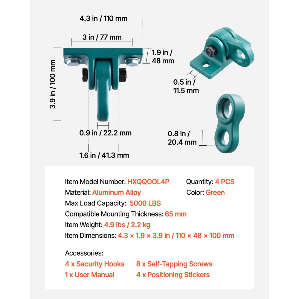VEVOR Soportes para Columpios Paquete de 4, Gancho para Columpio con Rodamiento Capacidad 567 kg por Unidad, Giro 360° con Tornillos y Pernos para Madera Parques Infantiles Porche Exterior Sillas Yoga