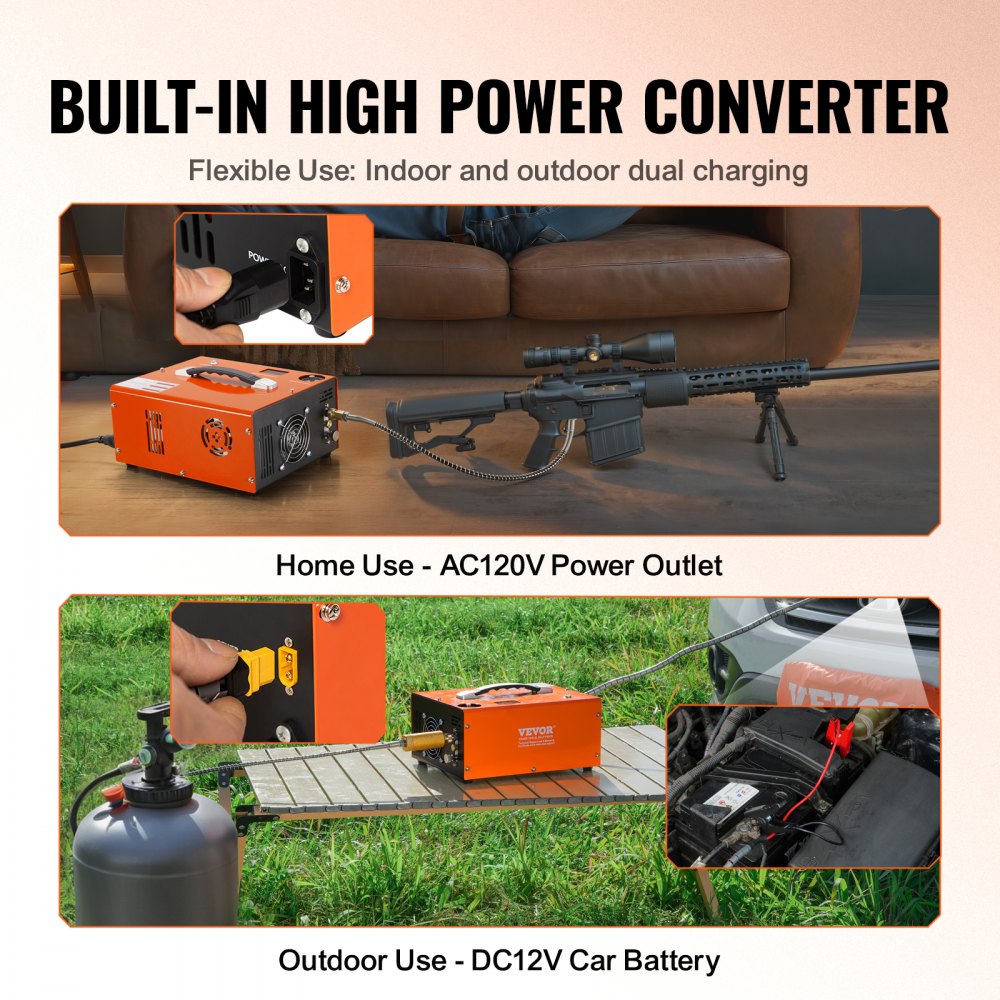 VEVOR Compresor de Aire PCP Portátil de 30 MPa con Convertidor Incorporado Apagado Automático CC 12V/CA 230V Motor de 300W Bomba de Tanque de Paintball sin Aceite para Pistola de Aire, Tanque de Buceo