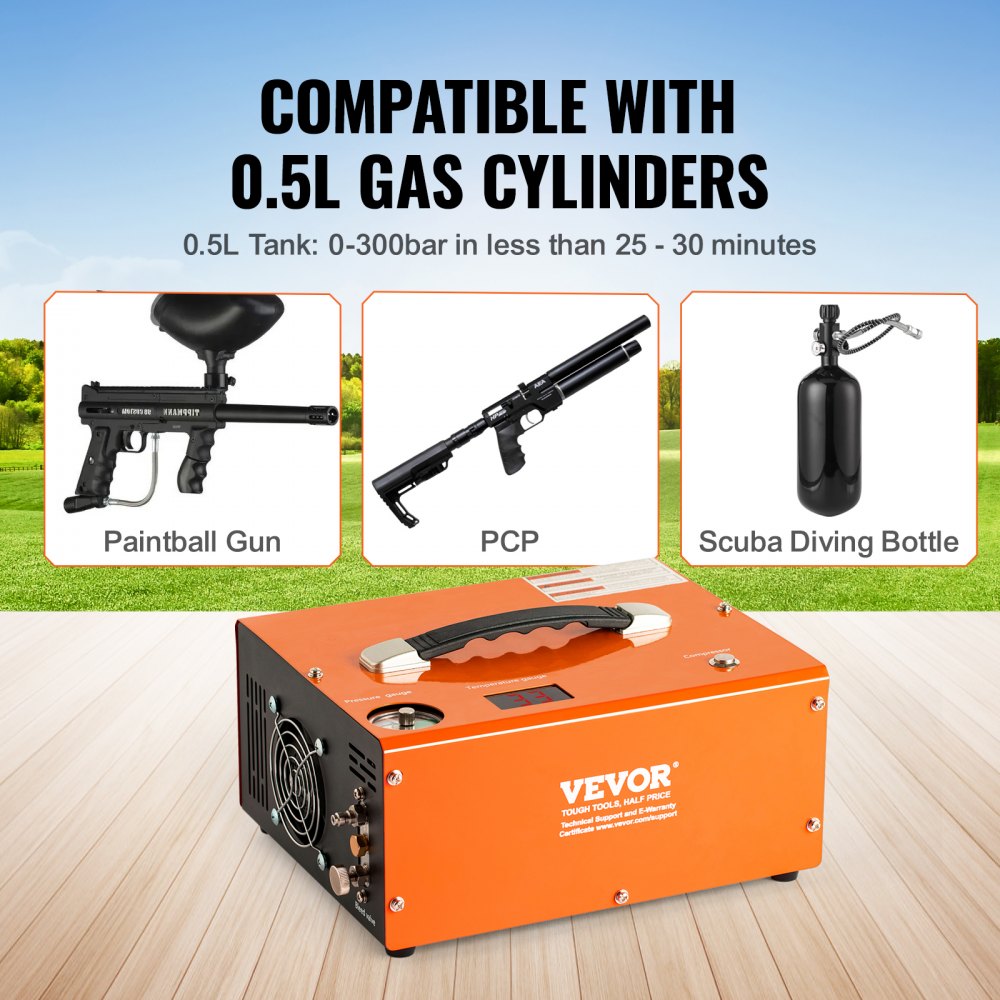 VEVOR Compresor de Aire PCP Portátil de 30 MPa con Convertidor Incorporado Apagado Automático CC 12V/CA 230V Motor de 300W Bomba de Tanque de Paintball sin Aceite para Pistola de Aire, Tanque de Buceo