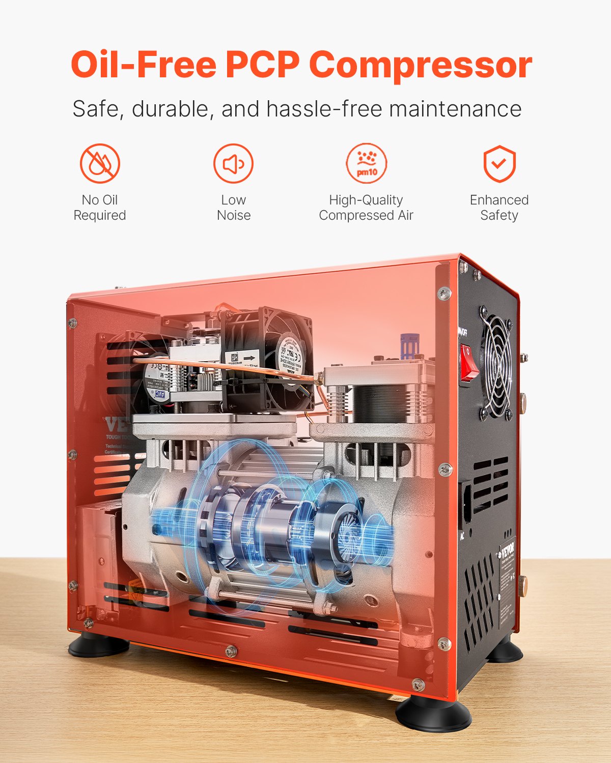 VEVOR Compresor de Aire PCP de Doble Cilindro de 800 W, 30 Mpa con Sistema de Enfriamiento por Ventilador Incorporado, Parada Automática para Rifle Aire Comprimido, Botella Buceo, 370 x 180 x 350 mm