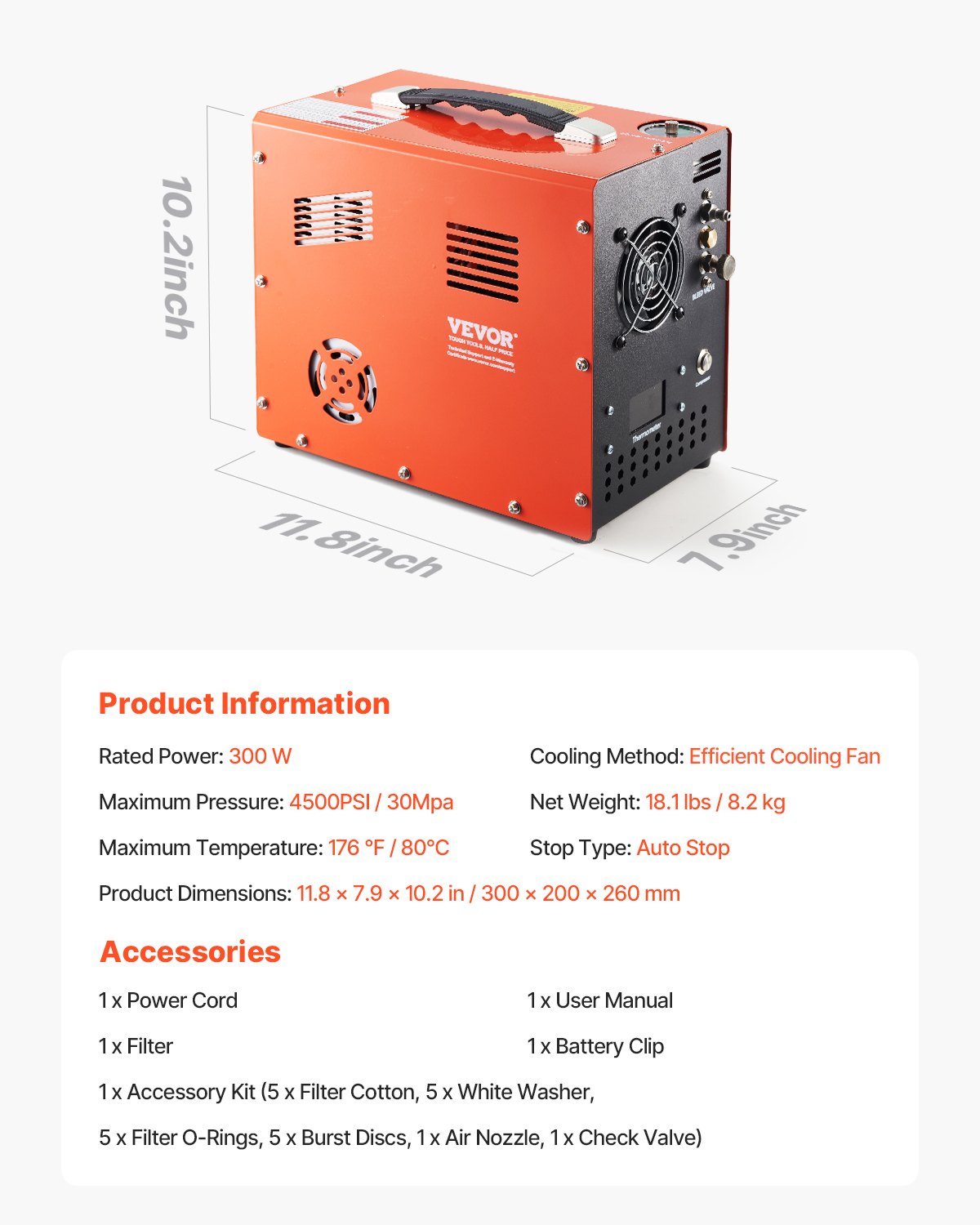 VEVOR Compresor de Aire PCP Comprimido PCP de 4500 PSI/30 Mpa con Convertidor Integrado y Sistema de Enfriamiento por Ventilador, para Rifle de Aire, Botella de Buceo, 300 W 220 V, 300 x 200 x 260 mm