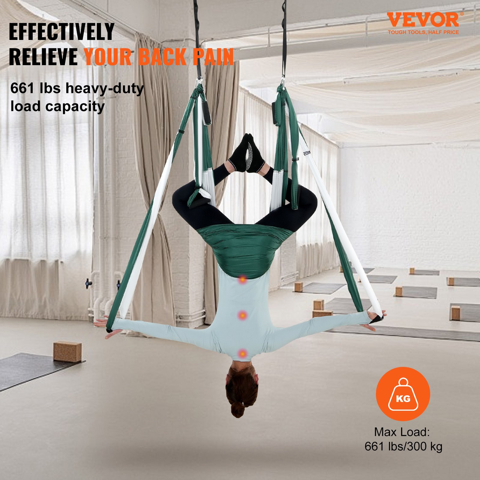 VEVOR Juego de columpio aéreo para yoga, hamaca de yoga de 2,5 m, columpio colgante, equipo de inversión de trapecio con accesorios de montaje en techo, carga máxima 300 Kg, Verde y Blanco