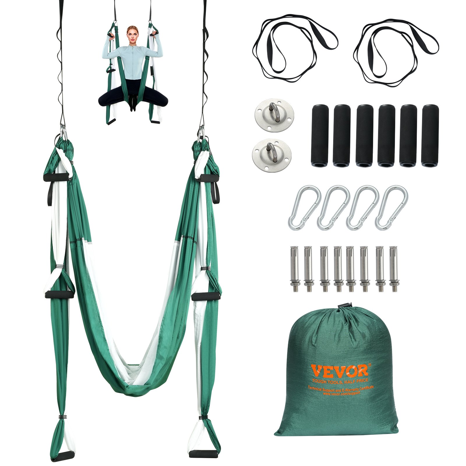 VEVOR Juego de columpio aéreo para yoga, hamaca de yoga de 2,5 m, columpio colgante, equipo de inversión de trapecio con accesorios de montaje en techo, carga máxima 300 Kg, Verde y Blanco
