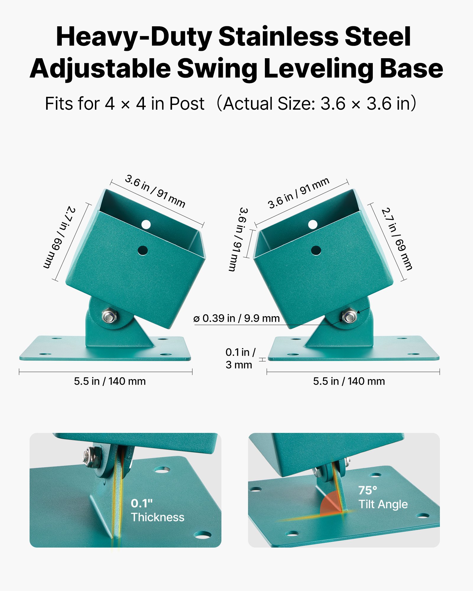 VEVOR Soportes para Estructura de Columpio, Paquete de 4, Capacidad 567 kg por Unidad, Ángulo Ajustable 45° a 60° para Postes 10 x 10 cm, Acero SUS201 con Tornillos para Jardín Patio Exterior, Verde