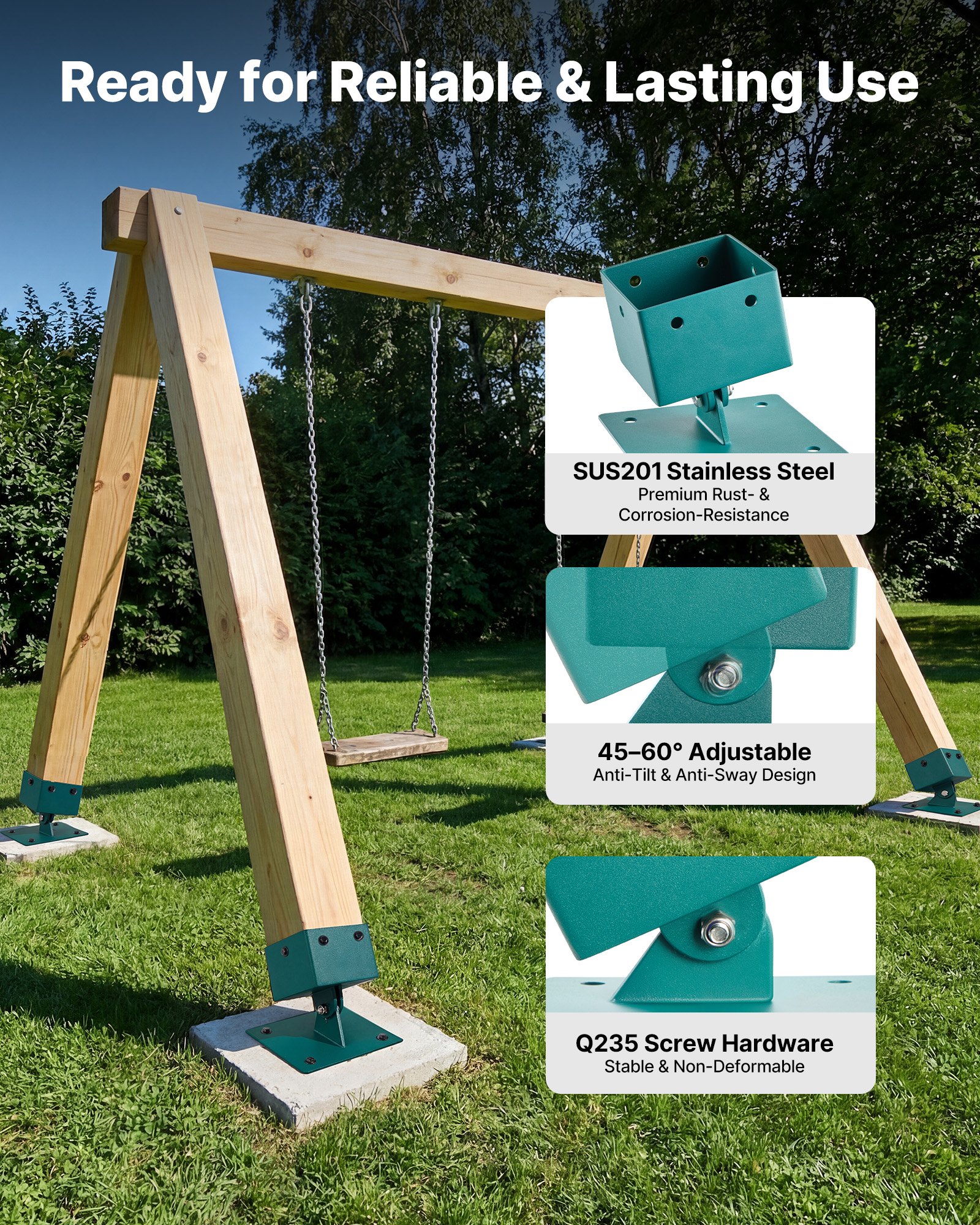 VEVOR Soportes para Estructura de Columpio, Paquete de 4, Capacidad 567 kg por Unidad, Ángulo Ajustable 45° a 60° para Postes 10 x 10 cm, Acero SUS201 con Tornillos para Jardín Patio Exterior, Verde
