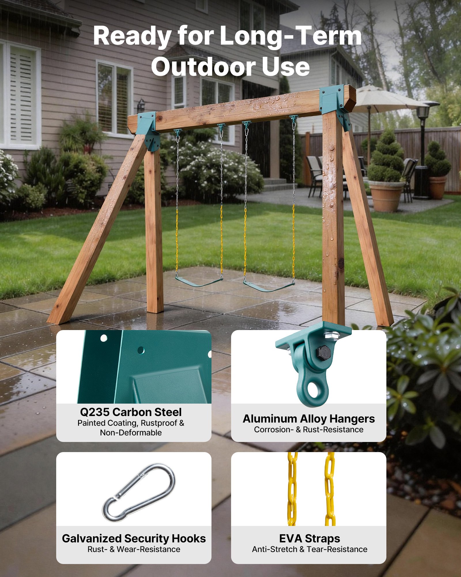 VEVOR Kit de Soporte para Columpio, Tipo A, Paquete de 2 Asientos con Correas integradas, 2 Soportes y 4 Ganchos, Capacidad 567 kg por Asiento, Marco de Acero Q235 para Jardín Patio Parque Exterior