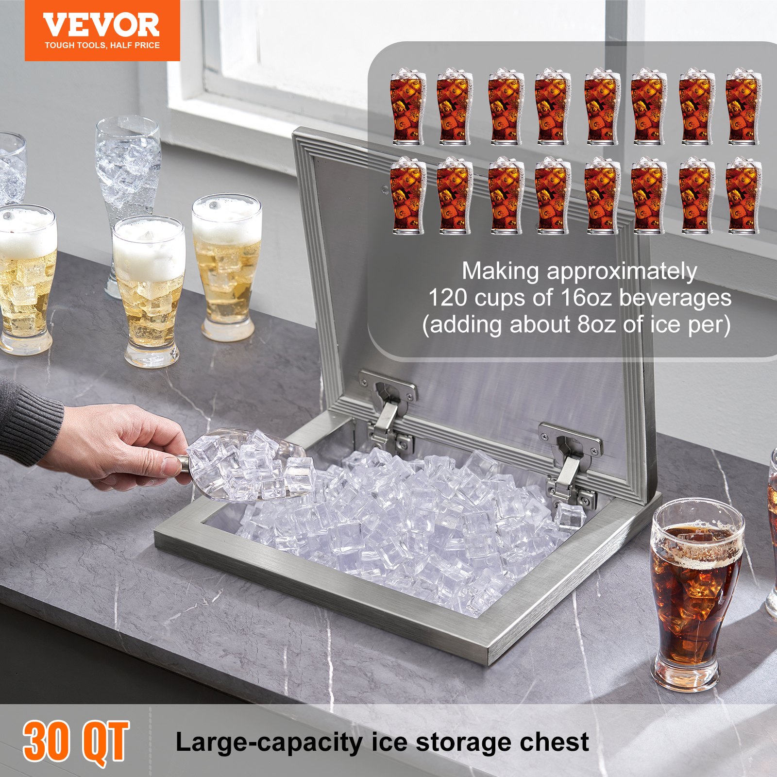 VEVOR Drop-in Ice Box, 28.52 L Stainless Steel Ice Cooler, 355 x 305 x 461 mm Commercial Ice Container with Hinged Lid, Built-in Ice Storage Chest, Drain Pipe and Drain Plug Included