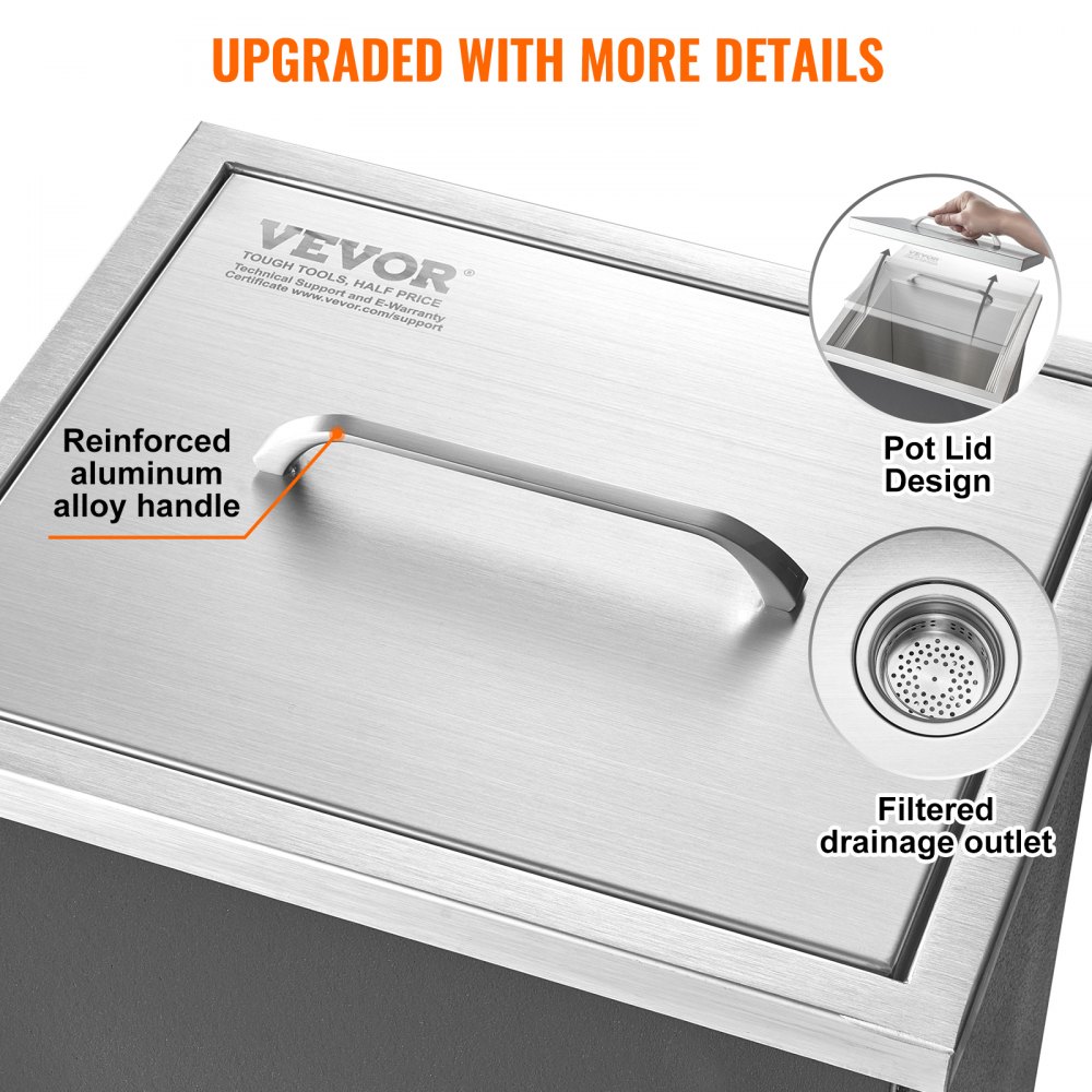 VEVOR Drop-in Ice Box, 25.3 L Stainless Steel Ice Cooler, 355 x 305 x 461 mm Commercial Ice Container with Cover, Built-in Ice Storage Chest, Drain Pipe and Drain Plug Included