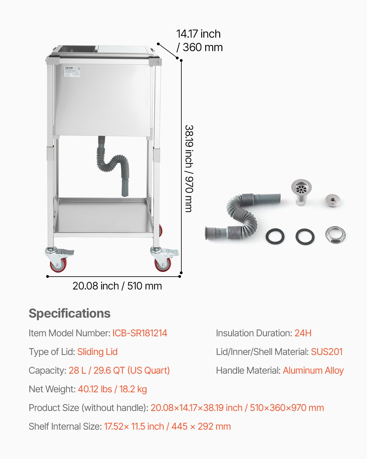 VEVOR Nevera Portátil con Ruedas, 510 x 360 x 970 mm, de Acero Inoxidable, con Ruedas, 28 L, para Exteriores, con Estante, para Fiestas en el Patio o el Bar, con Más de 24 Horas de Aislamiento