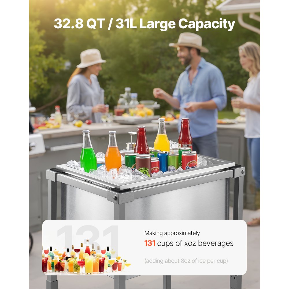 VEVOR Rollable Ice Box (553 x 405 x 970 mm) Stainless Steel Cooler, 31 L Commercial Ice Chest on Wheels for Outdoor Use with Shelf, for Party Bar in the Garden or on the Terrace