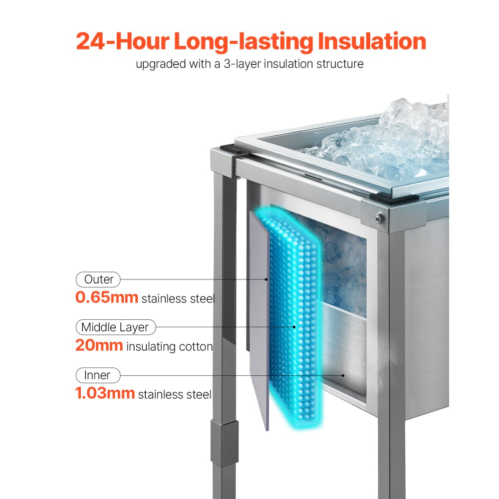 VEVOR Rollable Ice Box (553 x 405 x 970 mm) Stainless Steel Cooler, 31 L Commercial Ice Chest on Wheels for Outdoor Use with Shelf, for Party Bar in the Garden or on the Terrace