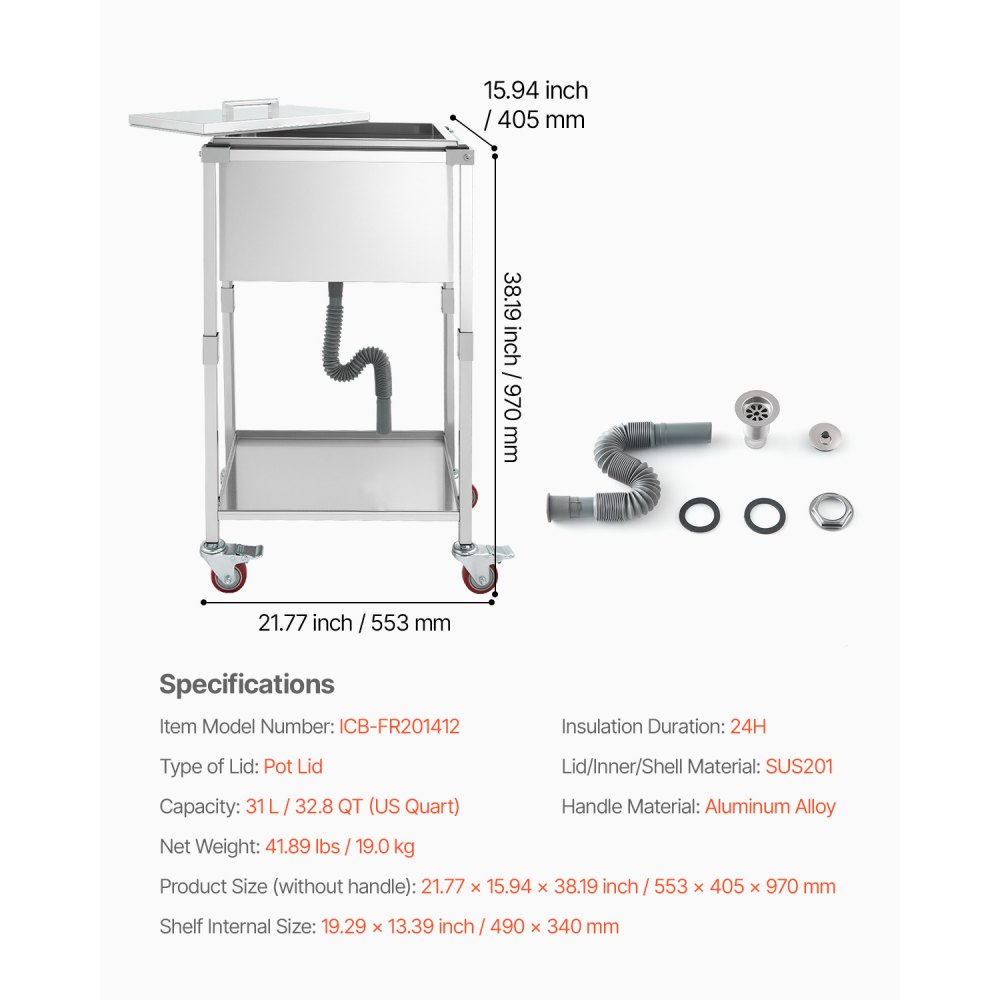 VEVOR Rollable Ice Box (553 x 405 x 970 mm) Stainless Steel Cooler, 31 L Commercial Ice Chest on Wheels for Outdoor Use with Shelf, for Party Bar in the Garden or on the Terrace