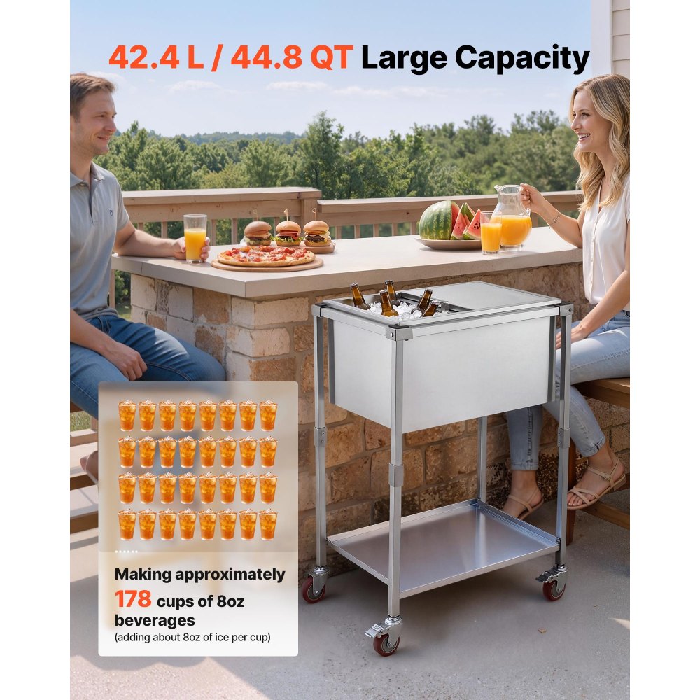 VEVOR Carrito Enfriador para Bebidas y Hielo 42,4 L, con Tapa Deslizante, de Acero Inoxidable, Carrito Nevera para Exterior con Estante, para Jardín, Piscina, Restaurante, 66 x 50,5 x 98,5 cm