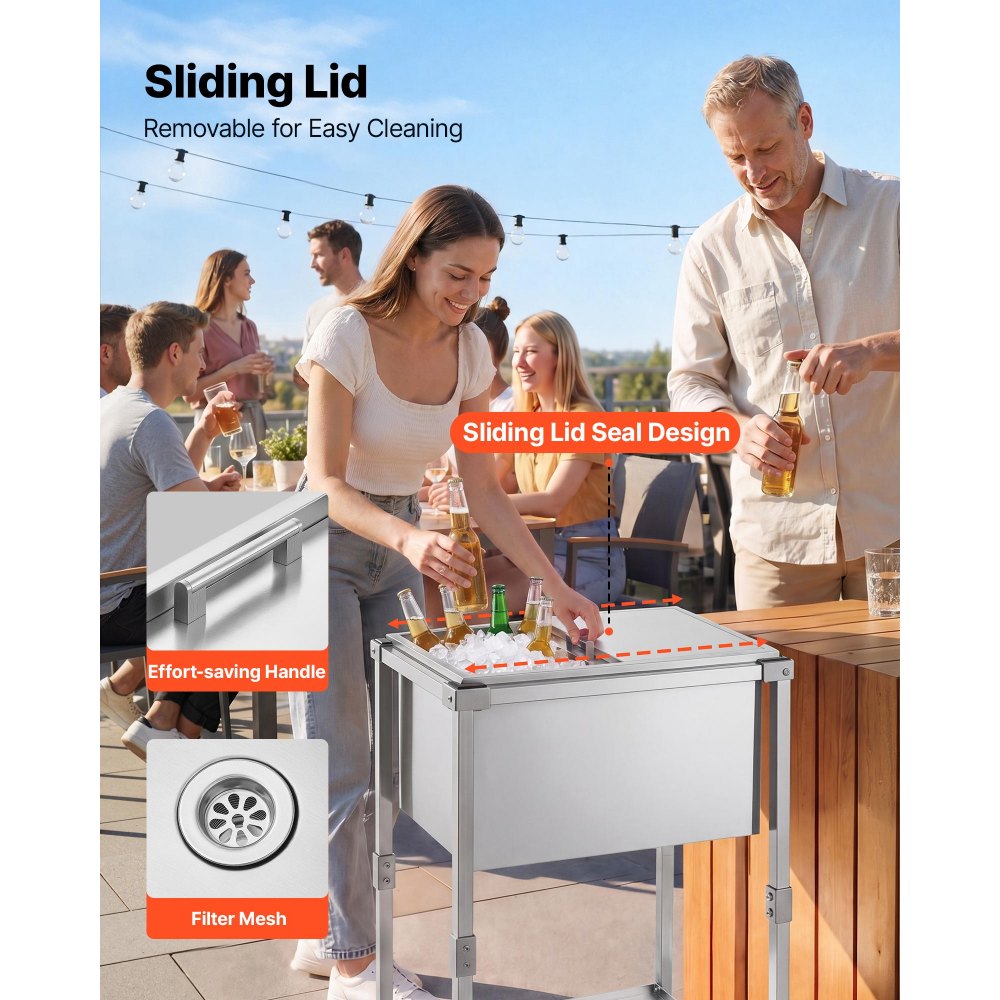 VEVOR Carrito Enfriador para Bebidas y Hielo 42,4 L, con Tapa Deslizante, de Acero Inoxidable, Carrito Nevera para Exterior con Estante, para Jardín, Piscina, Restaurante, 66 x 50,5 x 98,5 cm