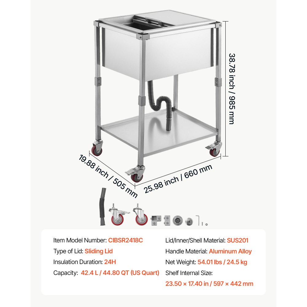 VEVOR Carrito Enfriador para Bebidas y Hielo 42,4 L, con Tapa Deslizante, de Acero Inoxidable, Carrito Nevera para Exterior con Estante, para Jardín, Piscina, Restaurante, 66 x 50,5 x 98,5 cm