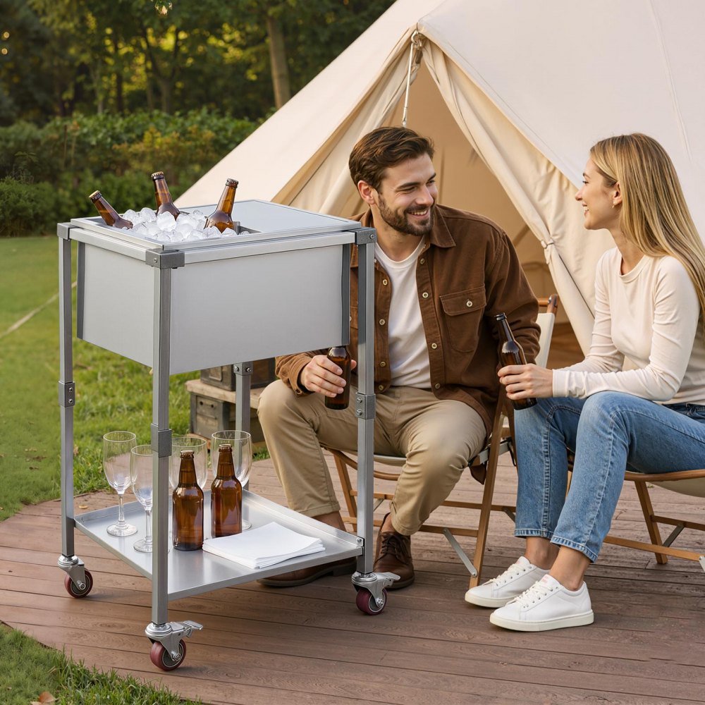VEVOR Carrito Enfriador para Bebidas y Hielo 42,4 L, con Tapa Deslizante, de Acero Inoxidable, Carrito Nevera para Exterior con Estante, para Jardín, Piscina, Restaurante, 66 x 50,5 x 98,5 cm