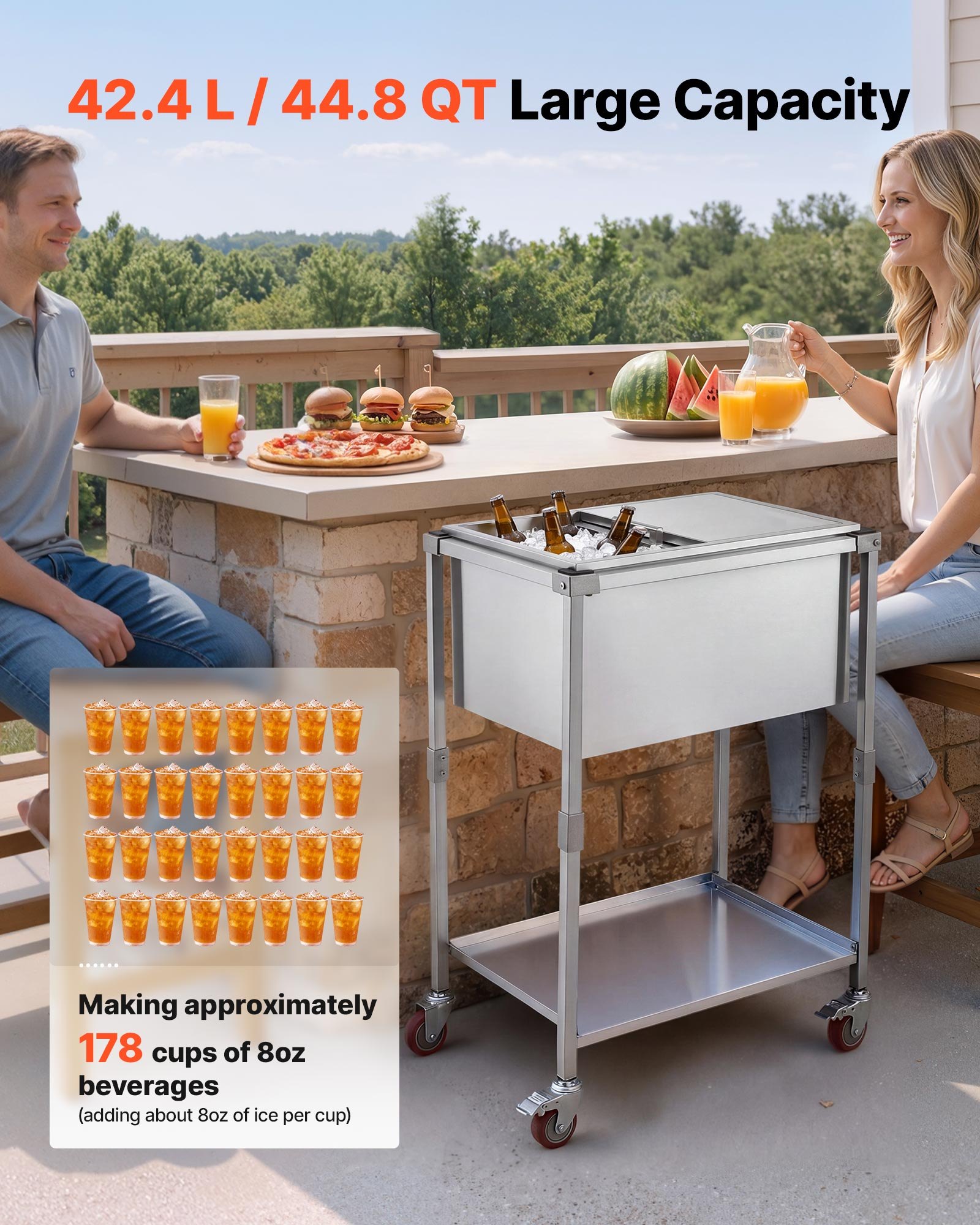 VEVOR Carrito Enfriador para Bebidas y Hielo 42,4 L, con Tapa Deslizante, de Acero Inoxidable, Carrito Nevera para Exterior con Estante, para Jardín, Piscina, Restaurante, 66 x 50,5 x 98,5 cm