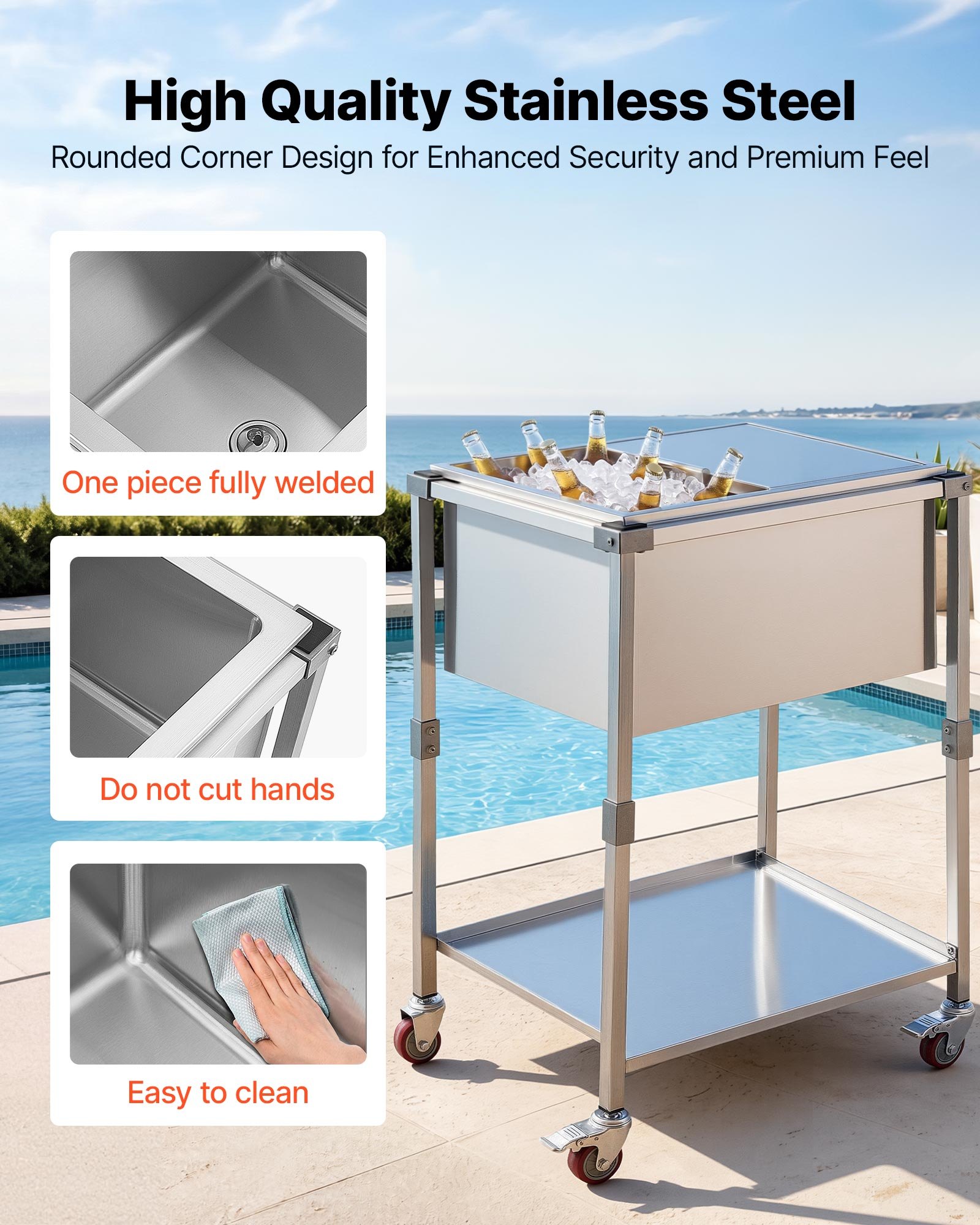 VEVOR Carrito Enfriador para Bebidas y Hielo 42,4 L, con Tapa Deslizante, de Acero Inoxidable, Carrito Nevera para Exterior con Estante, para Jardín, Piscina, Restaurante, 66 x 50,5 x 98,5 cm