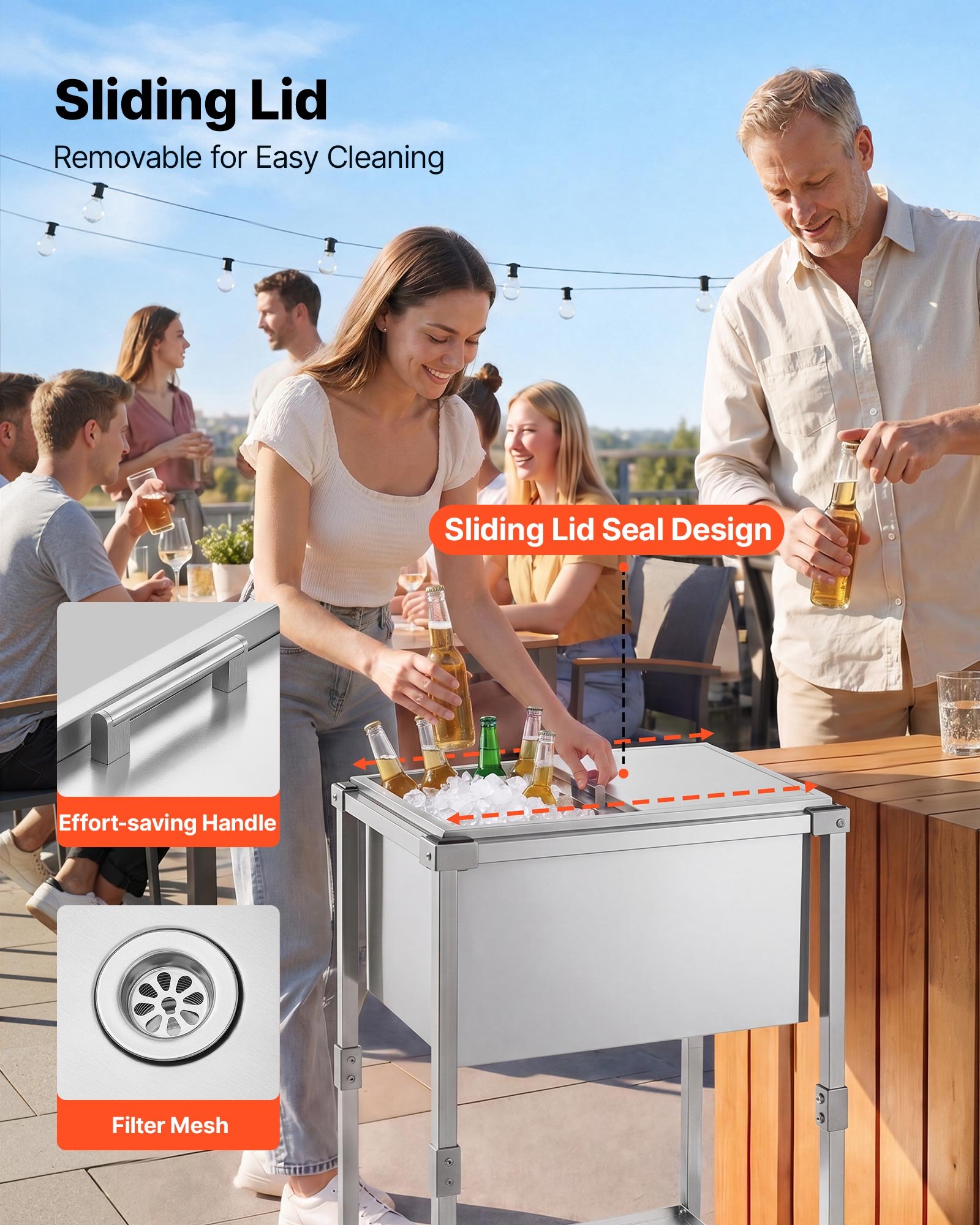 VEVOR Carrito Enfriador para Bebidas y Hielo 42,4 L, con Tapa Deslizante, de Acero Inoxidable, Carrito Nevera para Exterior con Estante, para Jardín, Piscina, Restaurante, 66 x 50,5 x 98,5 cm