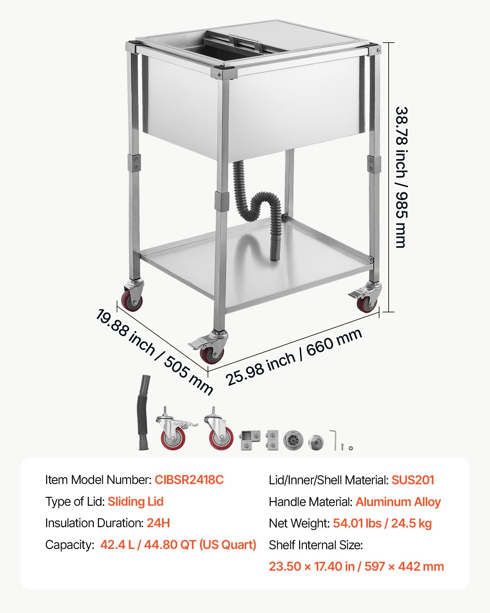 VEVOR Carrito Enfriador para Bebidas y Hielo 42,4 L, con Tapa Deslizante, de Acero Inoxidable, Carrito Nevera para Exterior con Estante, para Jardín, Piscina, Restaurante, 66 x 50,5 x 98,5 cm