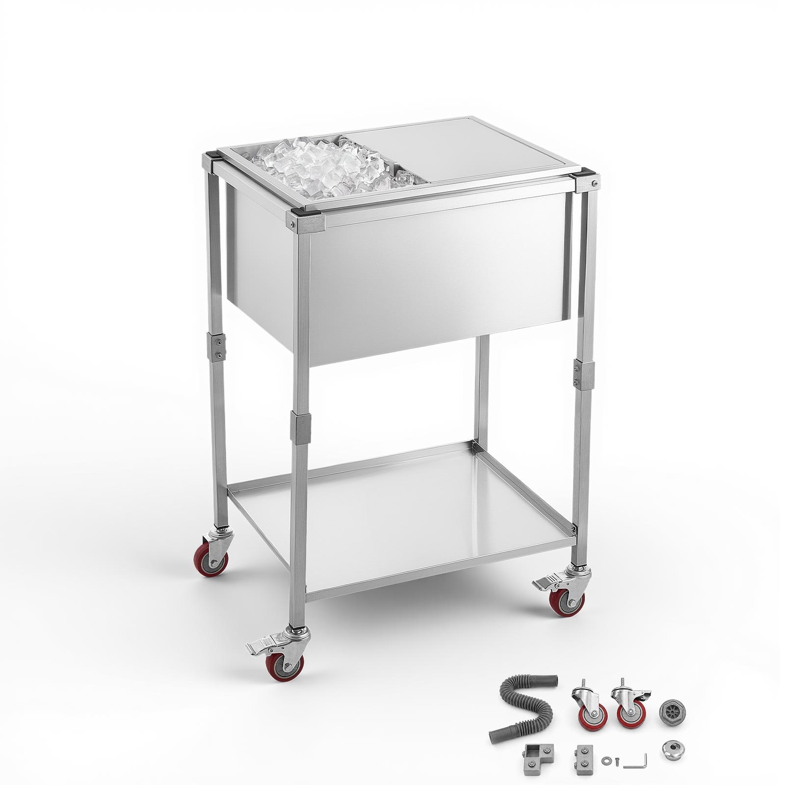 VEVOR Carrito Enfriador para Bebidas y Hielo 42,4 L, con Tapa Deslizante, de Acero Inoxidable, Carrito Nevera para Exterior con Estante, para Jardín, Piscina, Restaurante, 66 x 50,5 x 98,5 cm