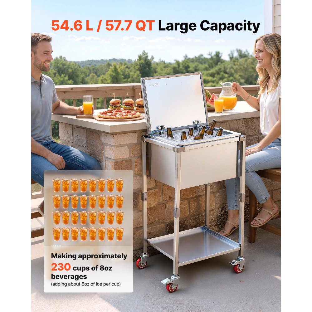 VEVOR Carrito Enfriador para Bebidas y Hielo 54,6 L con Tapa Abatible, de Acero Inoxidable, con Estante y Ruedas, para Jardín, Piscina, Restaurante, Fiesta, Gran Capacidad, 55,8 x 45,5 x 100,3 cm