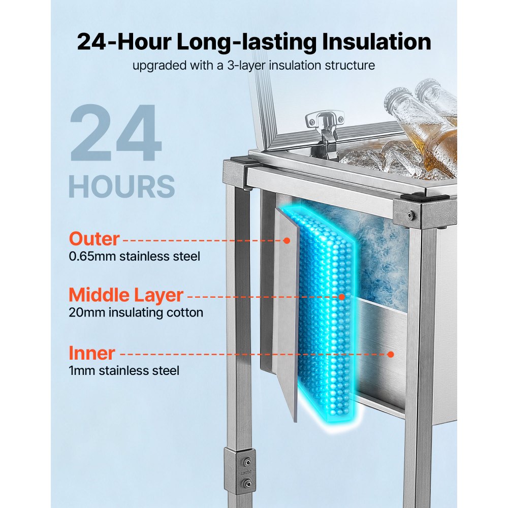 VEVOR Carrito Enfriador para Bebidas y Hielo 54,6 L con Tapa Abatible, de Acero Inoxidable, con Estante y Ruedas, para Jardín, Piscina, Restaurante, Fiesta, Gran Capacidad, 55,8 x 45,5 x 100,3 cm