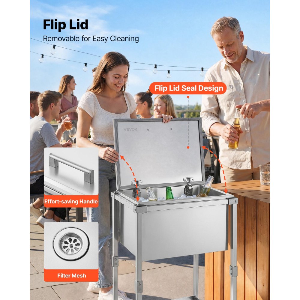 VEVOR Carrito Enfriador para Bebidas y Hielo 54,6 L con Tapa Abatible, de Acero Inoxidable, con Estante y Ruedas, para Jardín, Piscina, Restaurante, Fiesta, Gran Capacidad, 55,8 x 45,5 x 100,3 cm