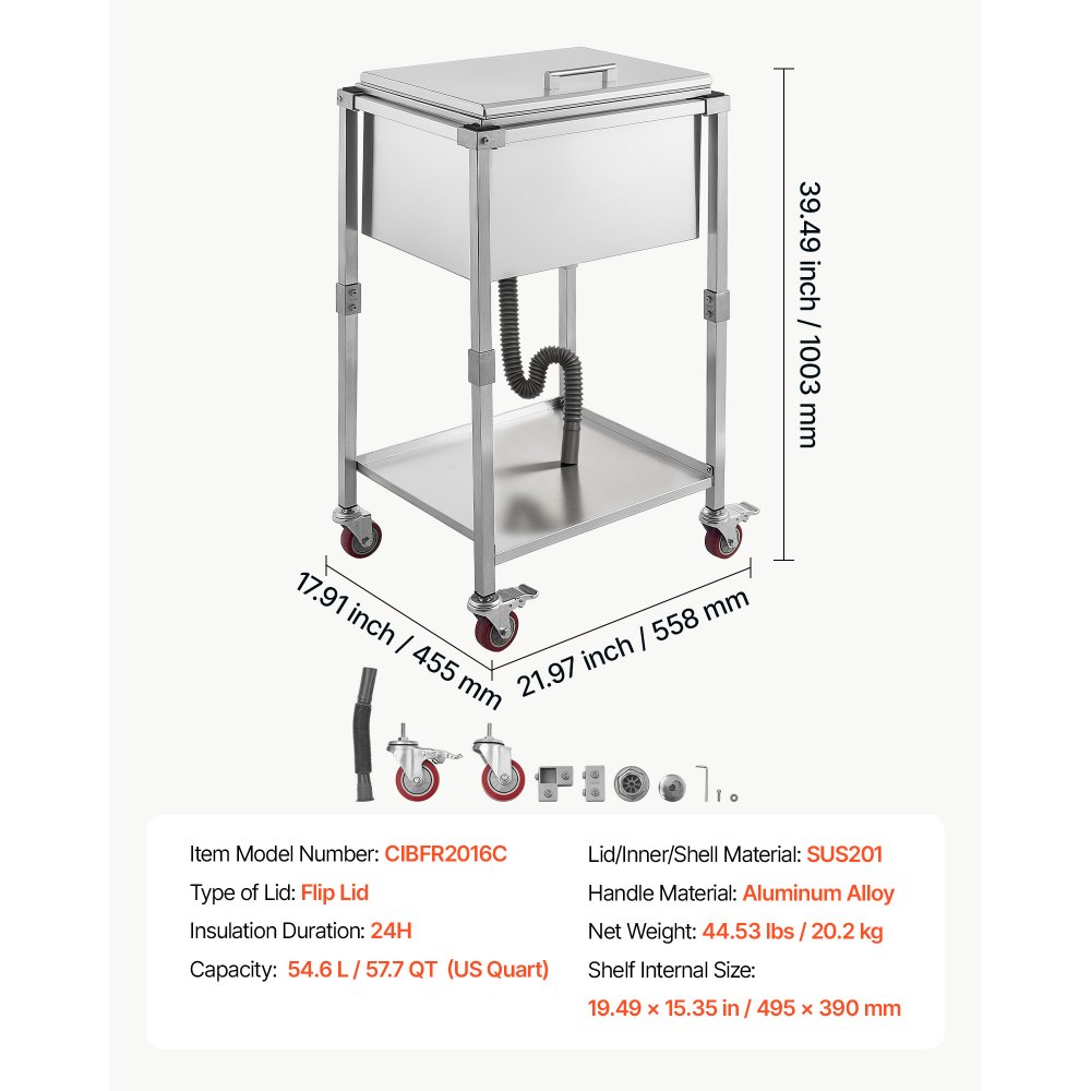 VEVOR Carrito Enfriador para Bebidas y Hielo 54,6 L con Tapa Abatible, de Acero Inoxidable, con Estante y Ruedas, para Jardín, Piscina, Restaurante, Fiesta, Gran Capacidad, 55,8 x 45,5 x 100,3 cm