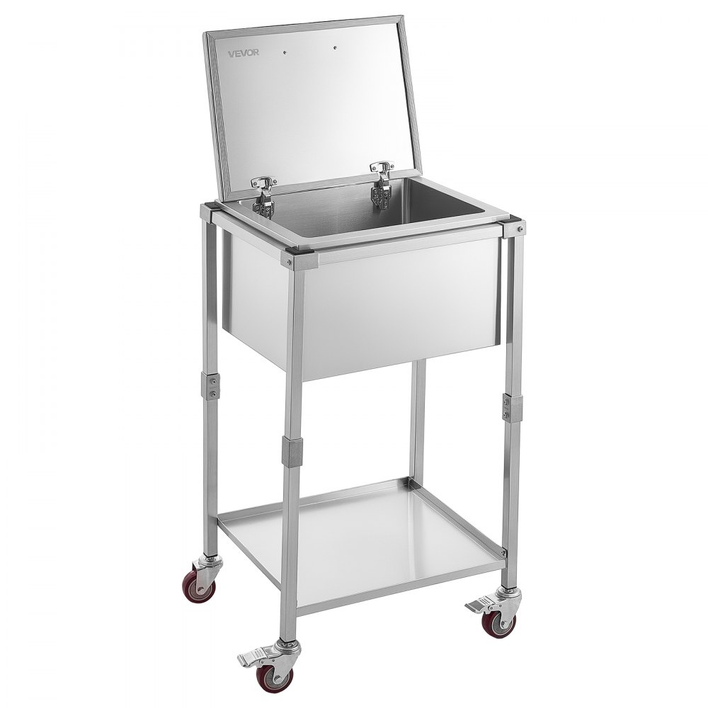 VEVOR Carrito Enfriador para Bebidas y Hielo 54,6 L con Tapa Abatible, de Acero Inoxidable, con Estante y Ruedas, para Jardín, Piscina, Restaurante, Fiesta, Gran Capacidad, 55,8 x 45,5 x 100,3 cm