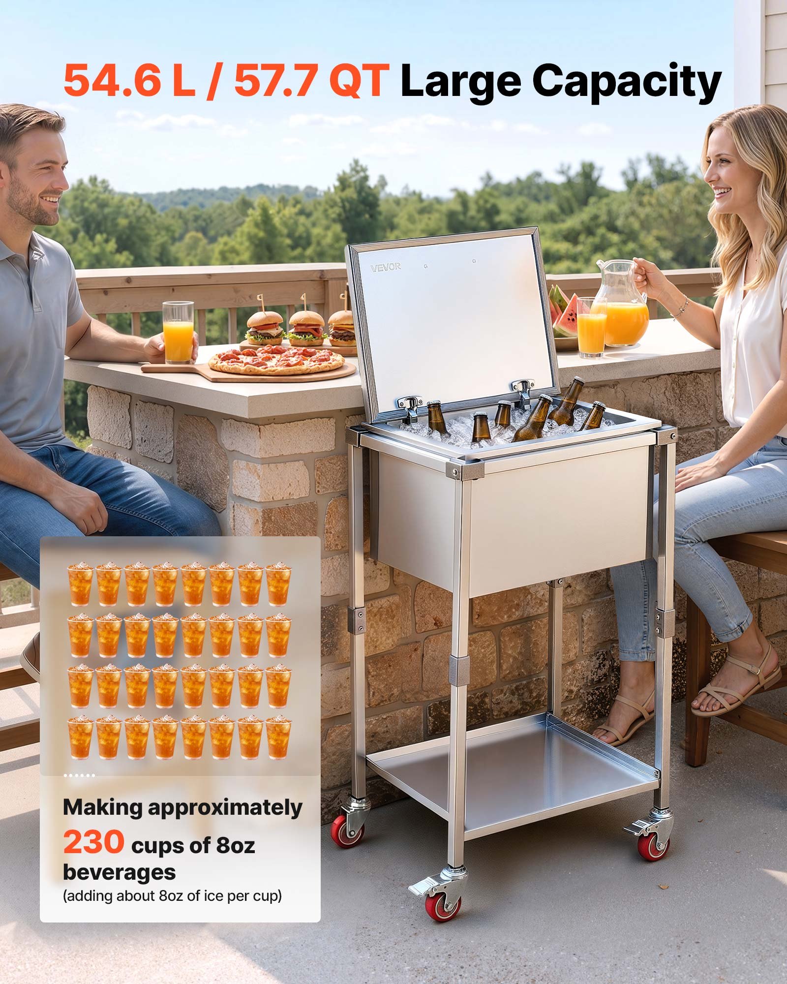 VEVOR Carrito Enfriador para Bebidas y Hielo 54,6 L con Tapa Abatible, de Acero Inoxidable, con Estante y Ruedas, para Jardín, Piscina, Restaurante, Fiesta, Gran Capacidad, 55,8 x 45,5 x 100,3 cm