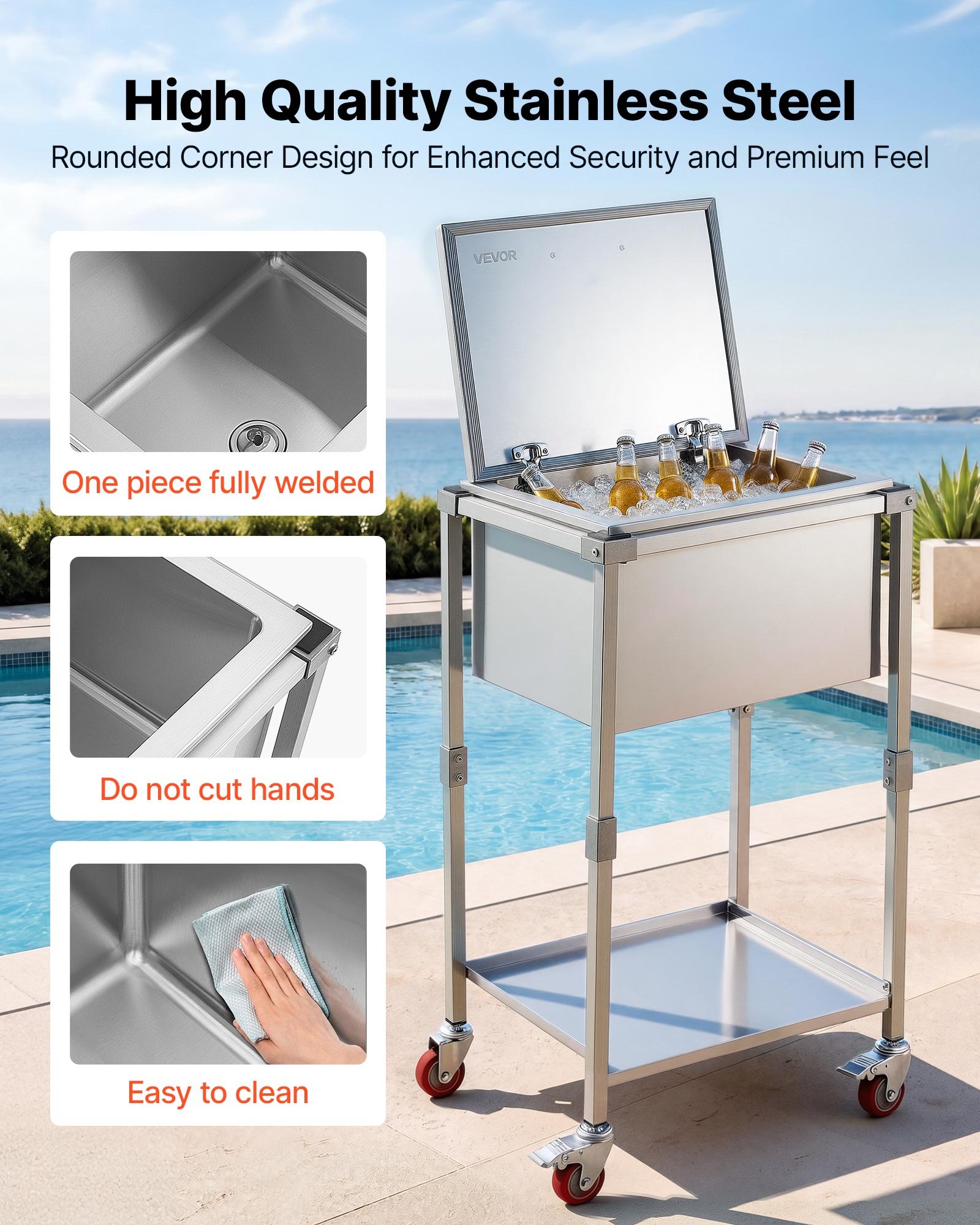 VEVOR Carrito Enfriador para Bebidas y Hielo 54,6 L con Tapa Abatible, de Acero Inoxidable, con Estante y Ruedas, para Jardín, Piscina, Restaurante, Fiesta, Gran Capacidad, 55,8 x 45,5 x 100,3 cm