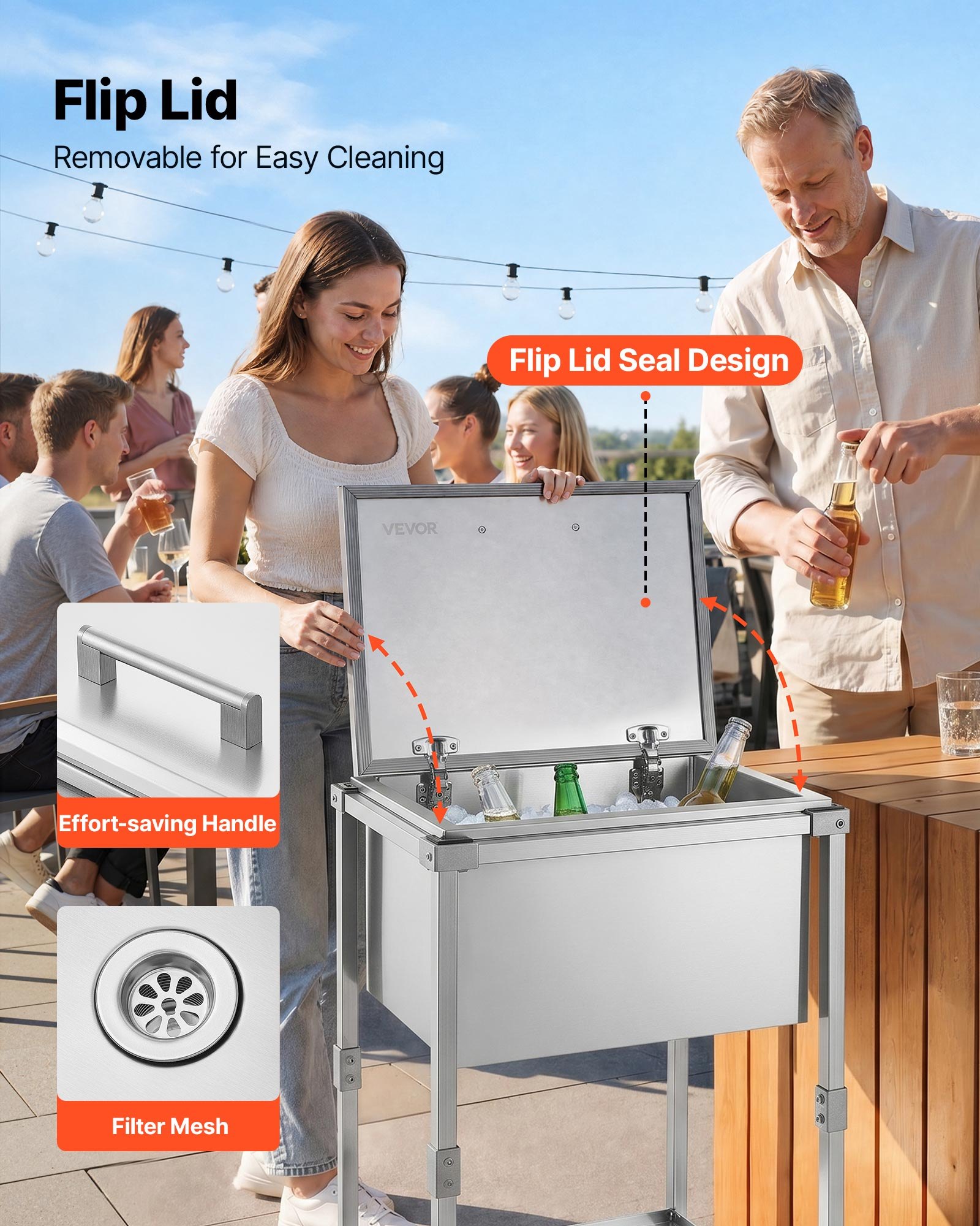 VEVOR Carrito Enfriador para Bebidas y Hielo 54,6 L con Tapa Abatible, de Acero Inoxidable, con Estante y Ruedas, para Jardín, Piscina, Restaurante, Fiesta, Gran Capacidad, 55,8 x 45,5 x 100,3 cm