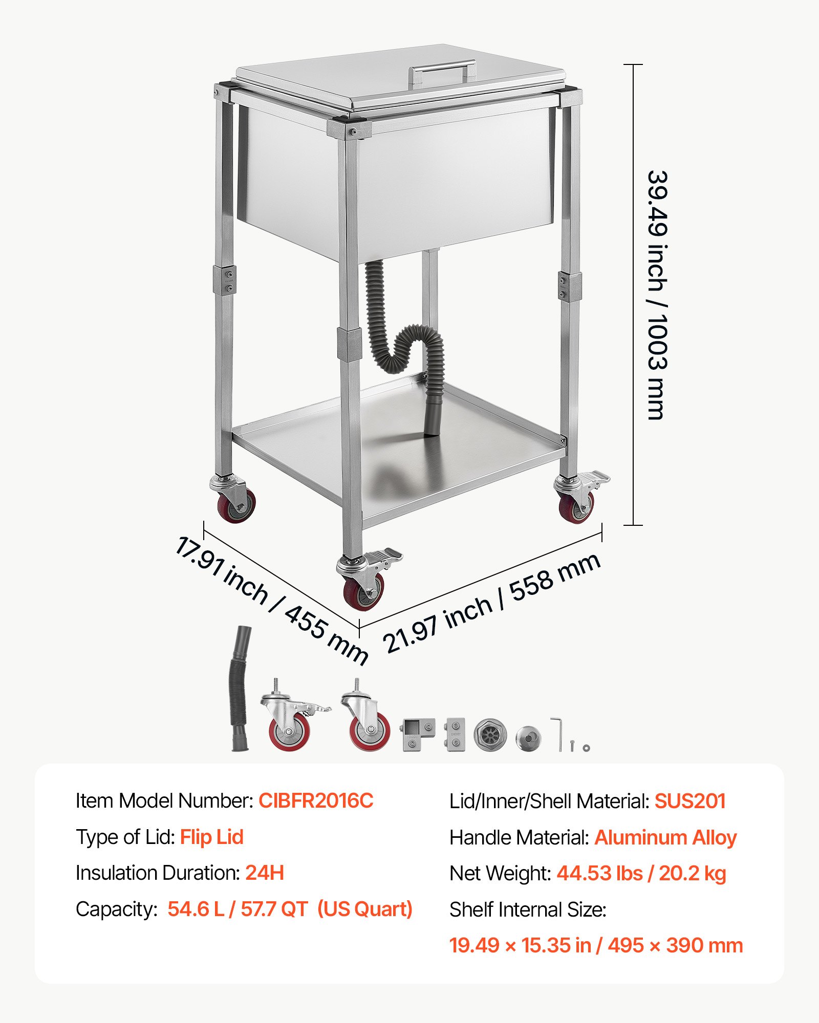 VEVOR Carrito Enfriador para Bebidas y Hielo 54,6 L con Tapa Abatible, de Acero Inoxidable, con Estante y Ruedas, para Jardín, Piscina, Restaurante, Fiesta, Gran Capacidad, 55,8 x 45,5 x 100,3 cm