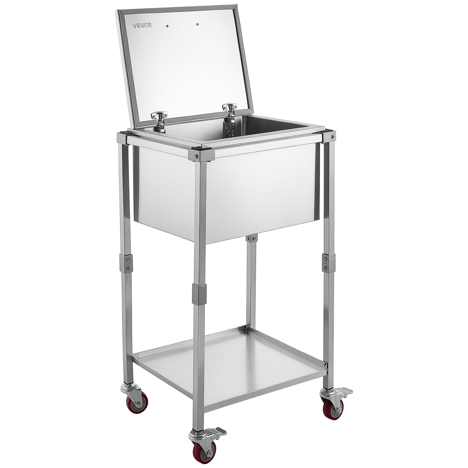 VEVOR Carrito Enfriador para Bebidas y Hielo 54,6 L con Tapa Abatible, de Acero Inoxidable, con Estante y Ruedas, para Jardín, Piscina, Restaurante, Fiesta, Gran Capacidad, 55,8 x 45,5 x 100,3 cm