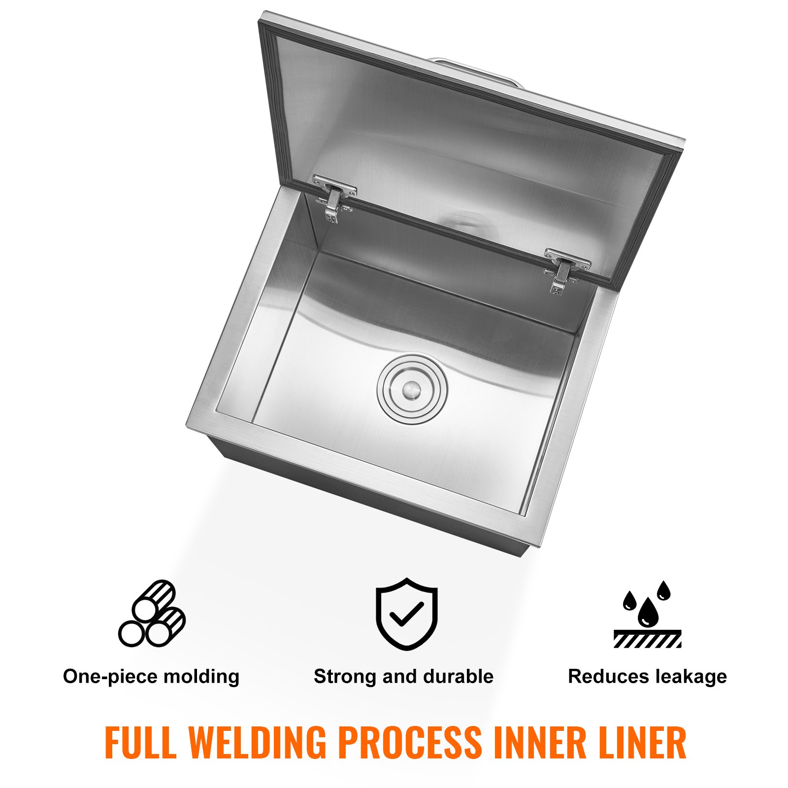 VEVOR Cofre de Hielo, 507 mm de Largo x 407 mm de Ancho x 333 mm de Alto, Enfriador de Hielo de Acero Inoxidable, Contenedor de Hielo Comercial con Cubierta con Bisagras, Aleación de Aluminio de Mango