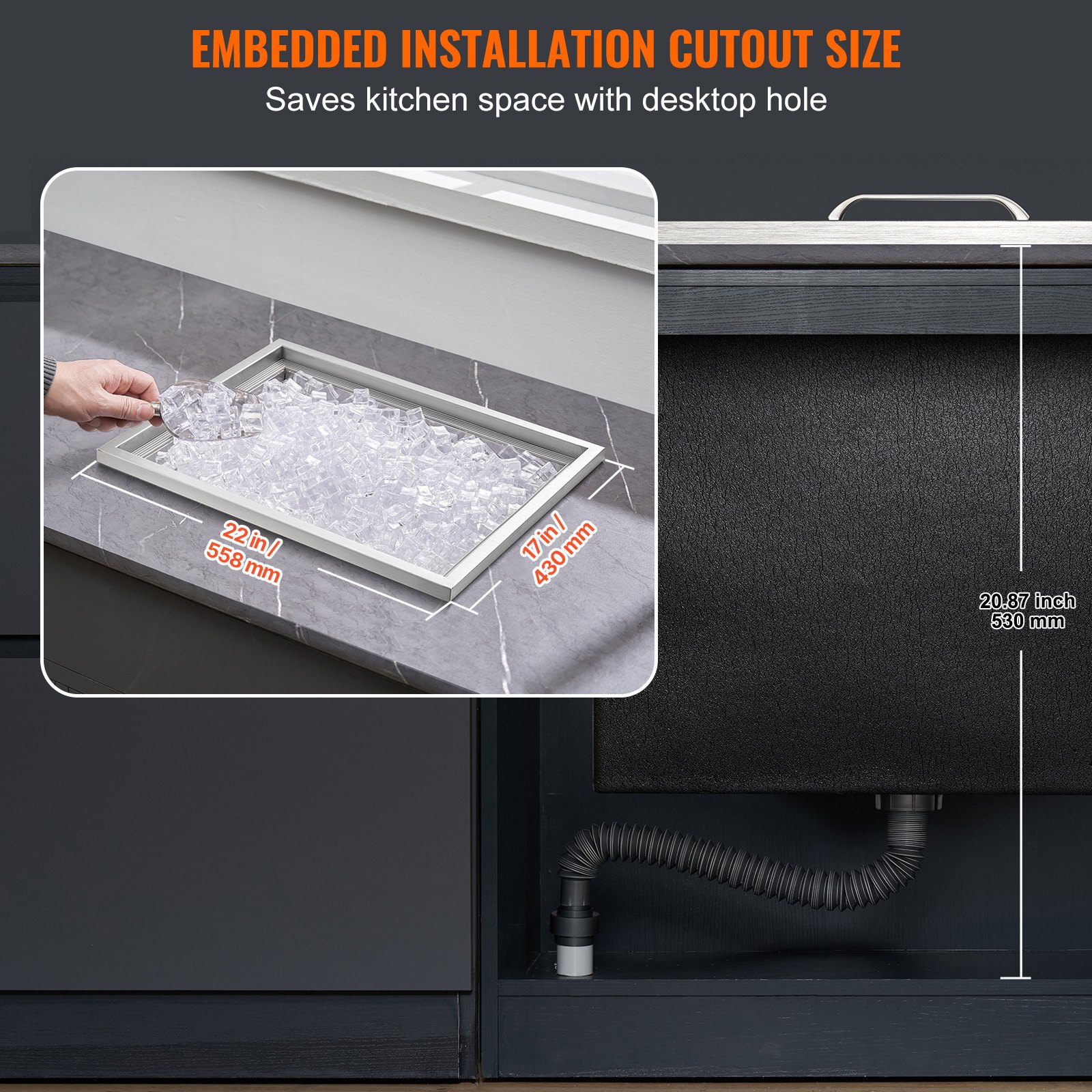 VEVOR Bandeja de Hielo Empotrada 43,5 L 558x430x306 mm Caja de Hielo Aislada con Tapa de Acero Inoxidable Conservador de Cubitos de Hielo para Bebidas Cervezas Frías Cocina al Aire Libre Bar Hogar