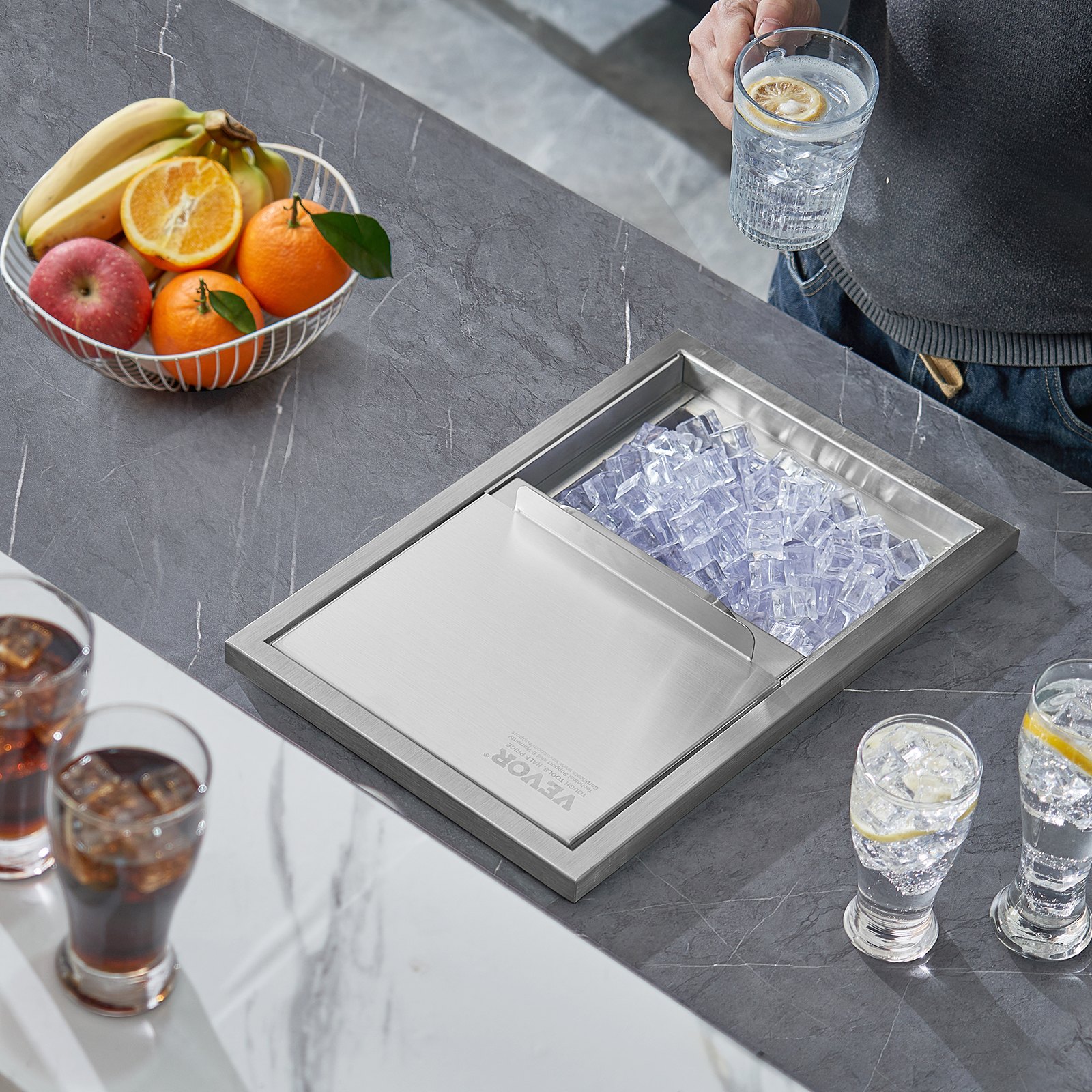 VEVOR Bandeja de Hielo Empotrada 26,7 L 456x304x371 mm Caja de Hielo Aislada con Tapa de Acero Inoxidable Conservador de Cubitos de Hielo para Bebidas Cervezas Frías Cocina al Aire Libre Bar Hogar