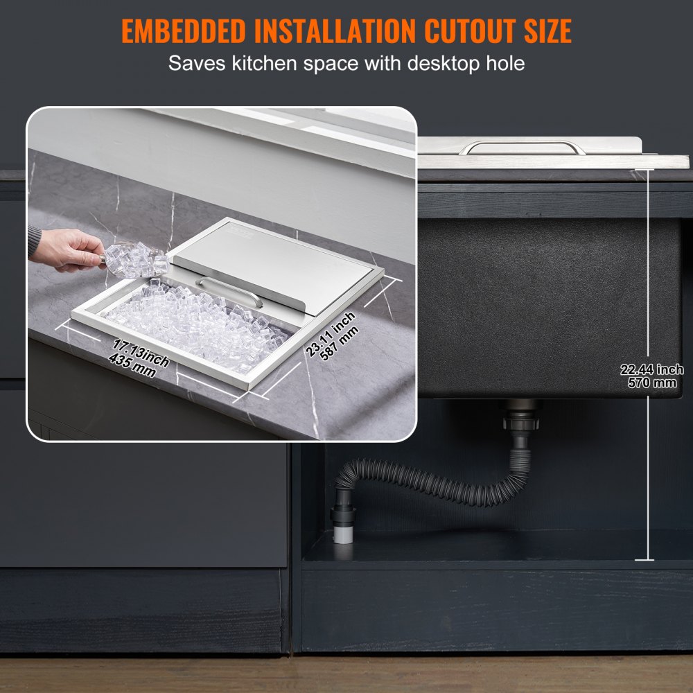 VEVOR 55.23 L Drop-in Ice Box, 608 x 457 x 333 mm Stainless Steel Ice Cooler, Commercial Ice Container with Sliding Lid, Built-in Ice Storage Chest, Drain Pipe & Drain Plug Included
