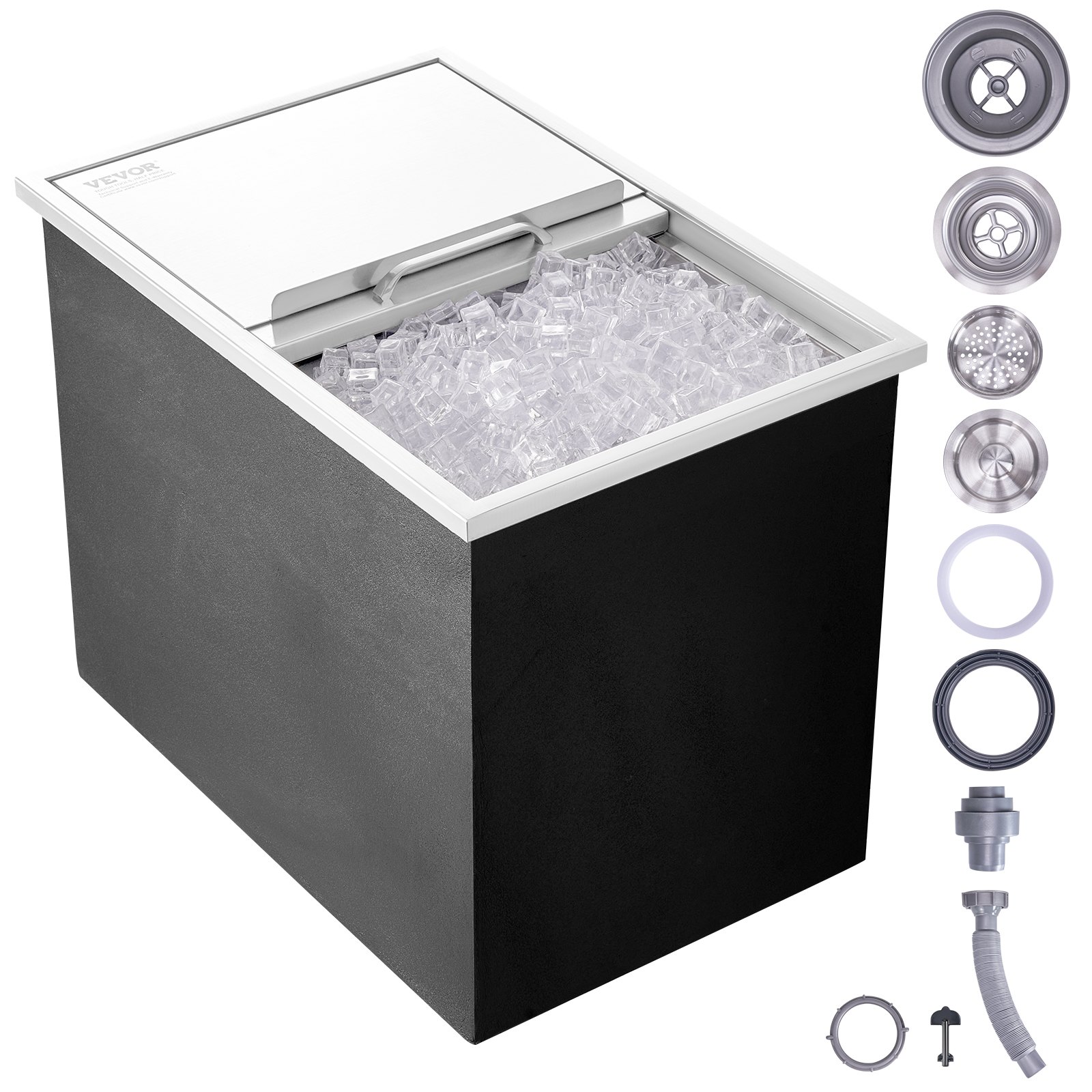 VEVOR 109.48 L Drop-in Ice Box, 683 x 455 x 536 mm Stainless Steel Ice Cooler, Commercial Ice Container with Sliding Lid, Built-in Ice Storage Chest, Drain Pipe & Drain Plug Included