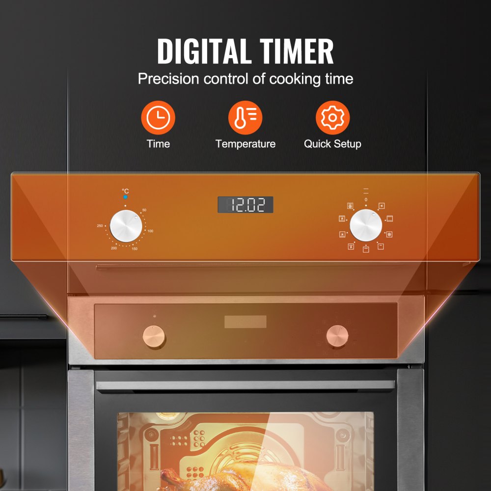 VEVOR Horno Empotrable de Pared 76 L Horno Eléctrico 59,5 cm 3550 W con 9 Funciones de Cocción Calentamiento Rápido a 200°C en 5 Minutos con Rejilla y Bandeja para Hornear, Cocina, Restaurante