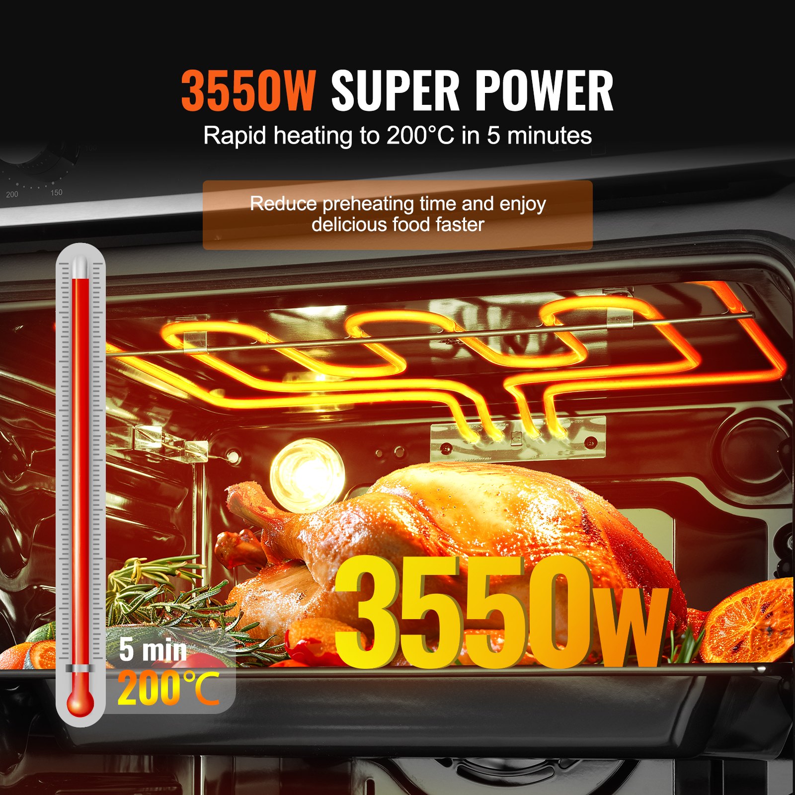 VEVOR Horno Empotrable de Pared 76 L Horno Eléctrico 59,5 cm 3550 W con 9 Funciones de Cocción Calentamiento Rápido a 200°C en 5 Minutos con Rejilla y Bandeja para Hornear, Cocina, Restaurante