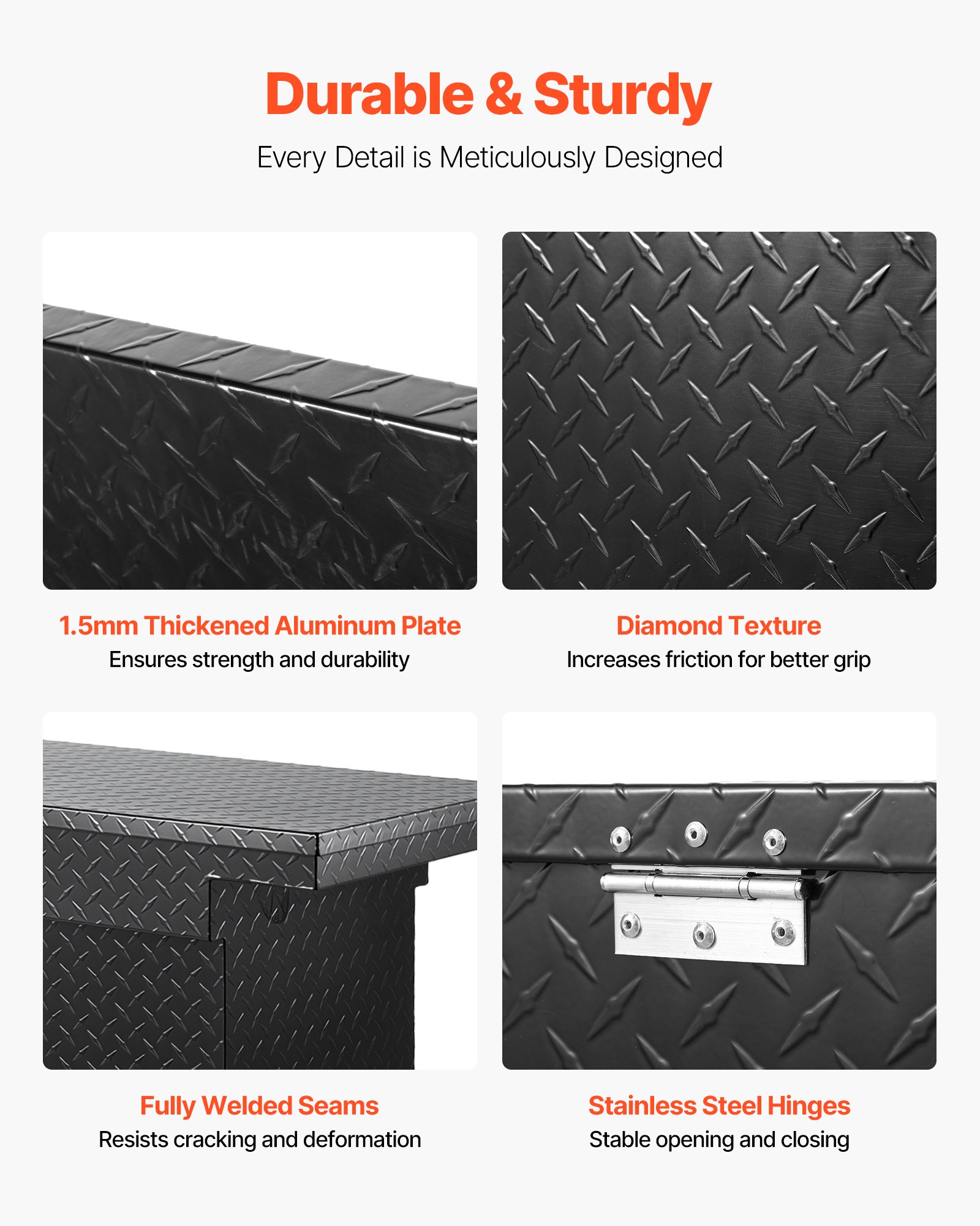 VEVOR Caja de Herramientas para Camioneta, Aleación Aluminio Resistente y Duradero con Textura de Diamante, para Remolque, RV, con Cerradura, Llaves y Asas Laterales, Negro, 1774 x 507 x 379 mm