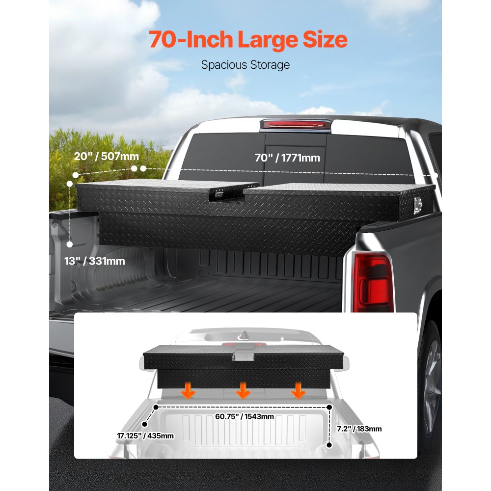 VEVOR Caja de Herramientas Impermeable para Camioneta, de Aluminio Resistente con Textura de Diamante, para Remolque, Caravana, con Cerradura, Llaves y Asas Laterales, Negro, 1771 x 507 x 331 mm