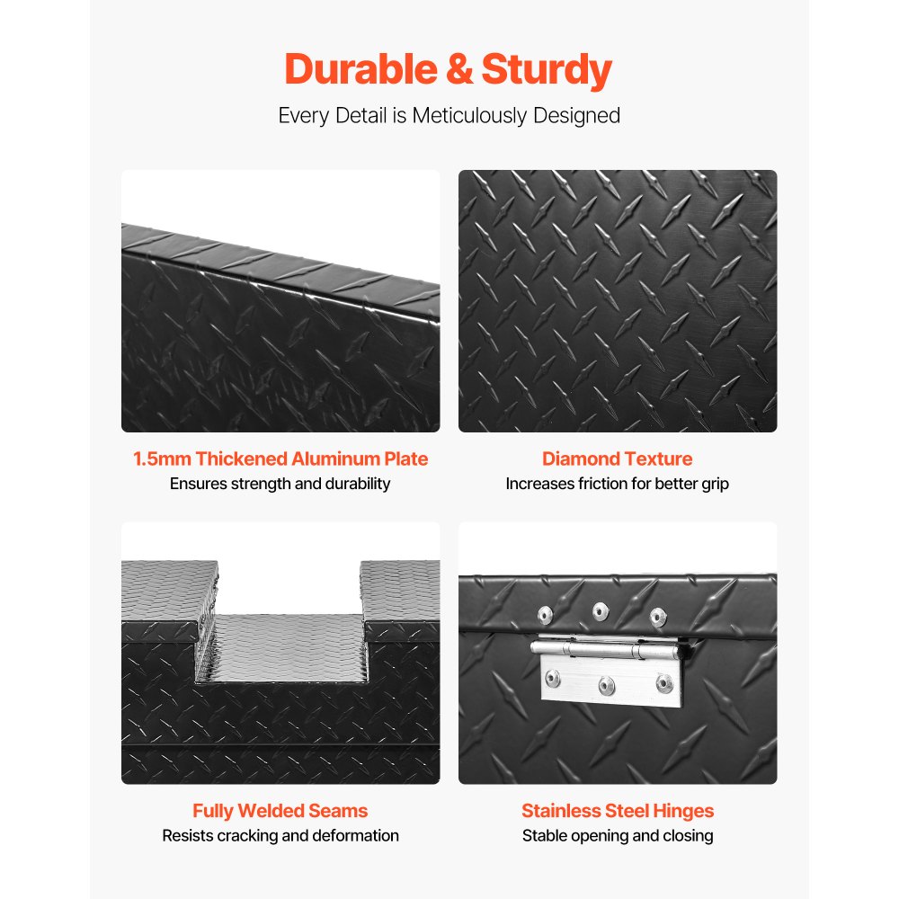VEVOR Caja de Herramientas Impermeable para Camioneta, de Aluminio Resistente con Textura de Diamante, para Remolque, Caravana, con Cerradura, Llaves y Asas Laterales, Negro, 1771 x 507 x 331 mm