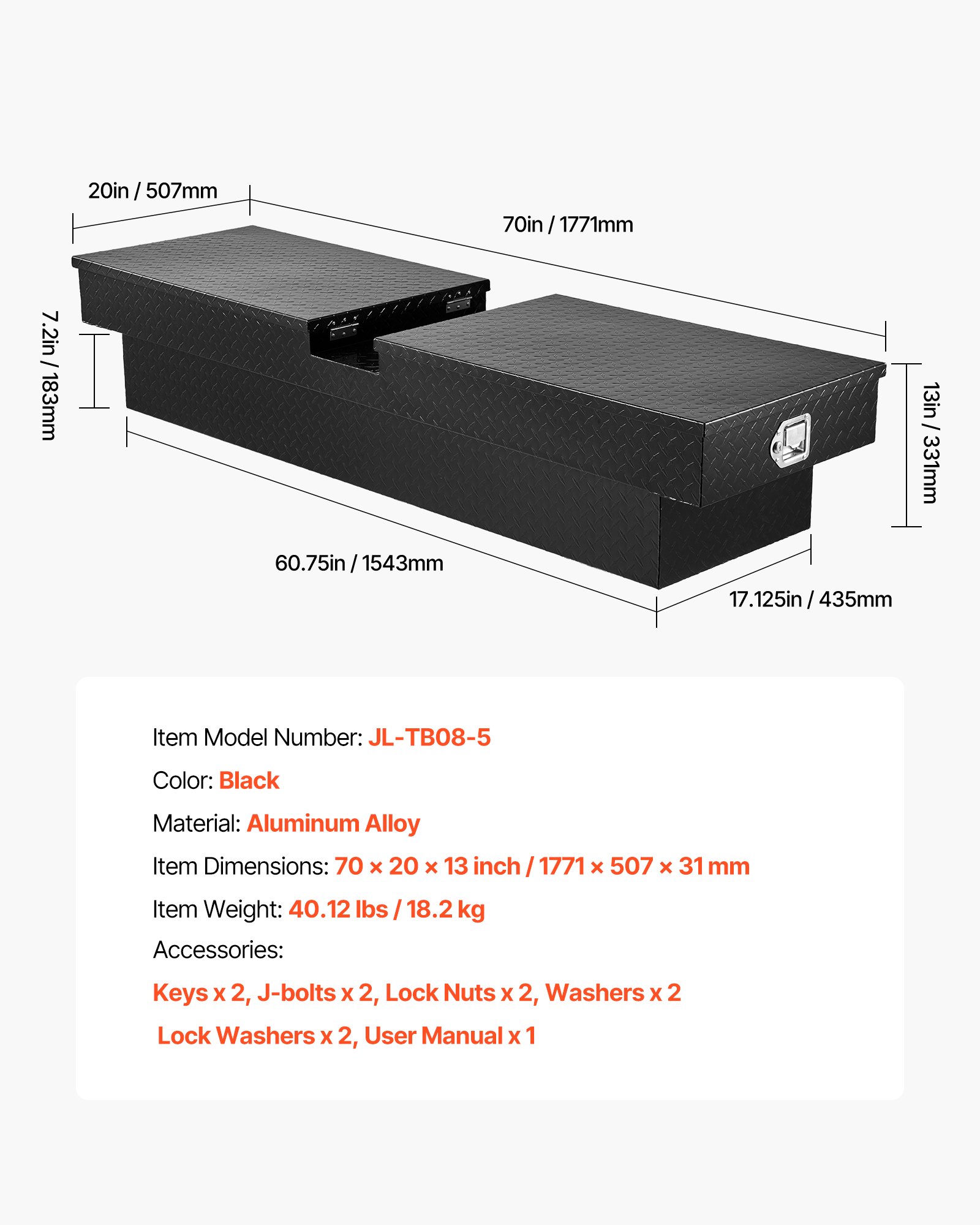 VEVOR Caja de Herramientas Impermeable para Camioneta, de Aluminio Resistente con Textura de Diamante, para Remolque, Caravana, con Cerradura, Llaves y Asas Laterales, Negro, 1771 x 507 x 331 mm