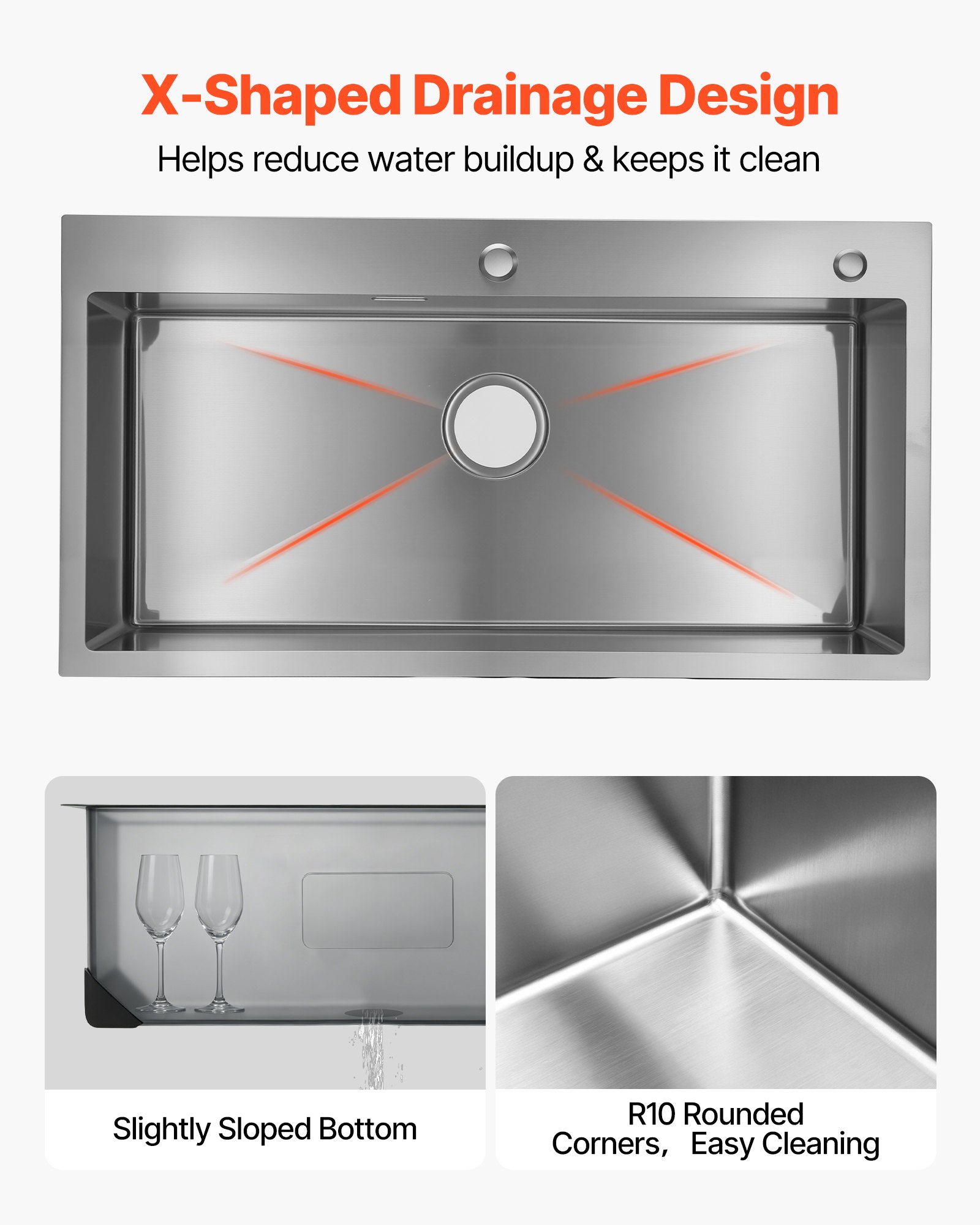 VEVOR Fregadero Sobre Encimera de 1 Seno, 850 x 450 x 190 mm, Fregadero de Cocina Empotrable de Acero Inoxidable, Esquinas Redondeadas, para Lavavajillas Domésticos, Cocinas Auxiliares, Lavaderos