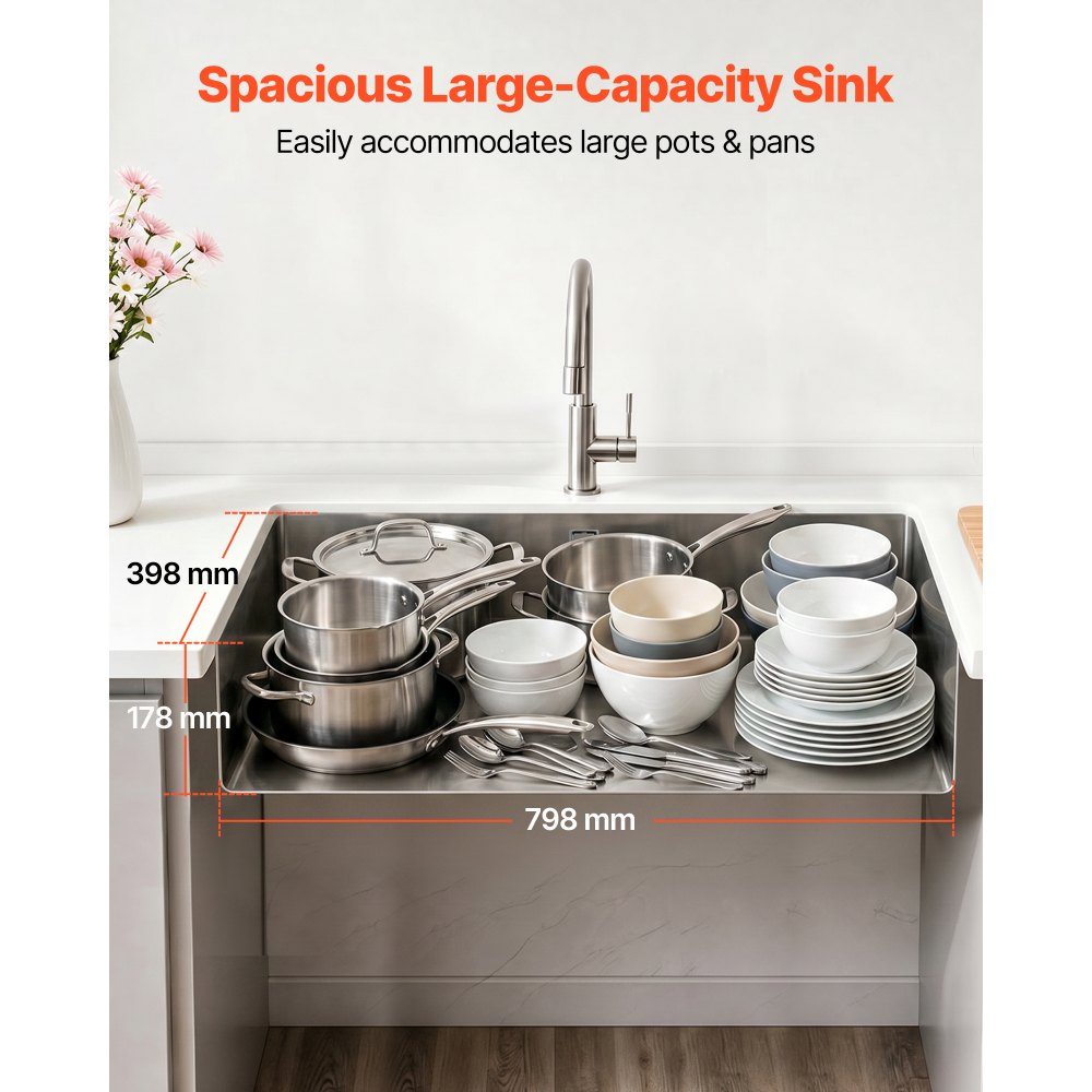 VEVOR Fregadero Bajo Encimera de 1 Seno, 850 x 450 x 190 mm, Fregadero de Cocina Empotrable de Acero Inoxidable, Esquinas Redondeadas, para Lavavajillas Domésticos, Cocinas Auxiliares, Lavaderos